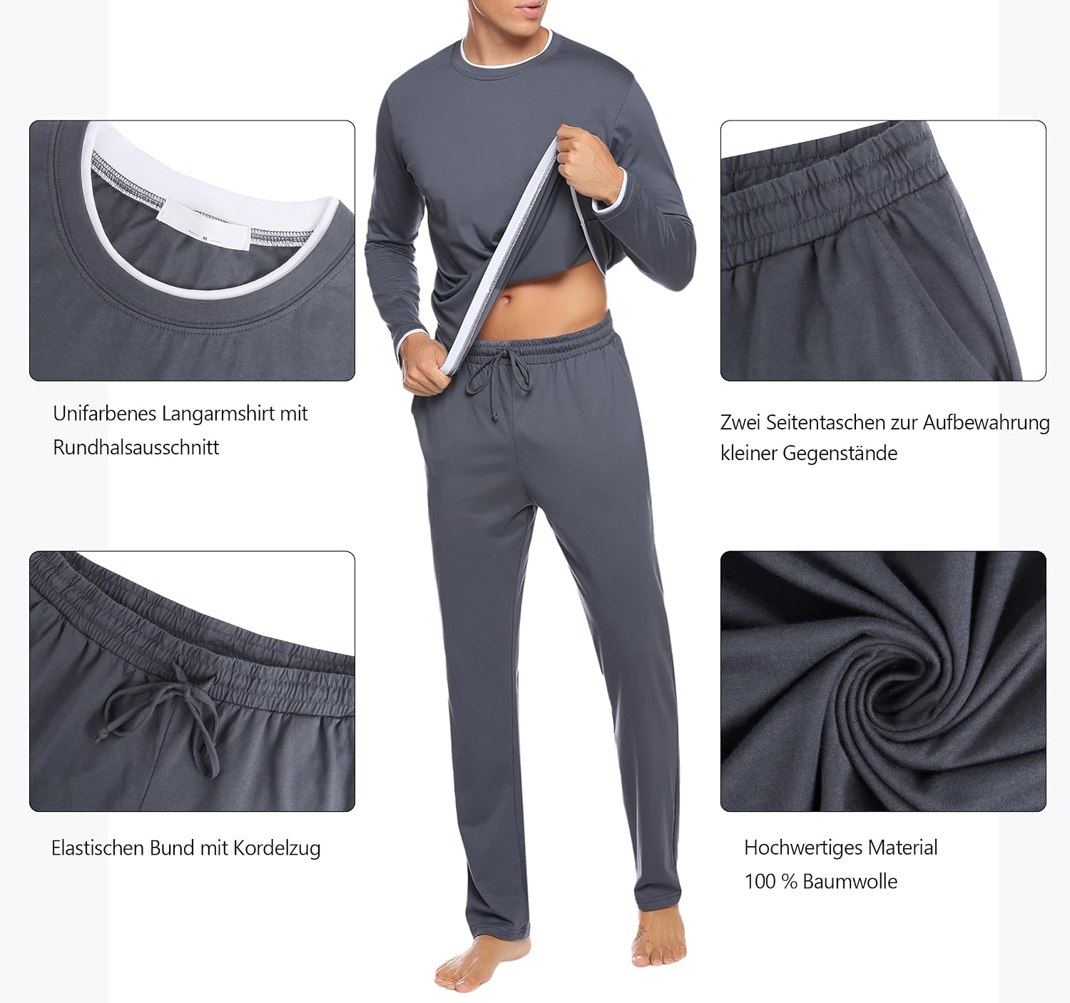 Detalle de Pyjama homme hiver Aseniza en 100% coton (manches longues, haut col rond et pantalon à cordon)