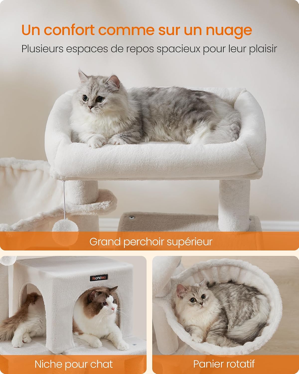 Detalle de Feandrea Arbre à Chat, Tour de Jeux Grand Plate-Forme Blanc Crème PCT051T01