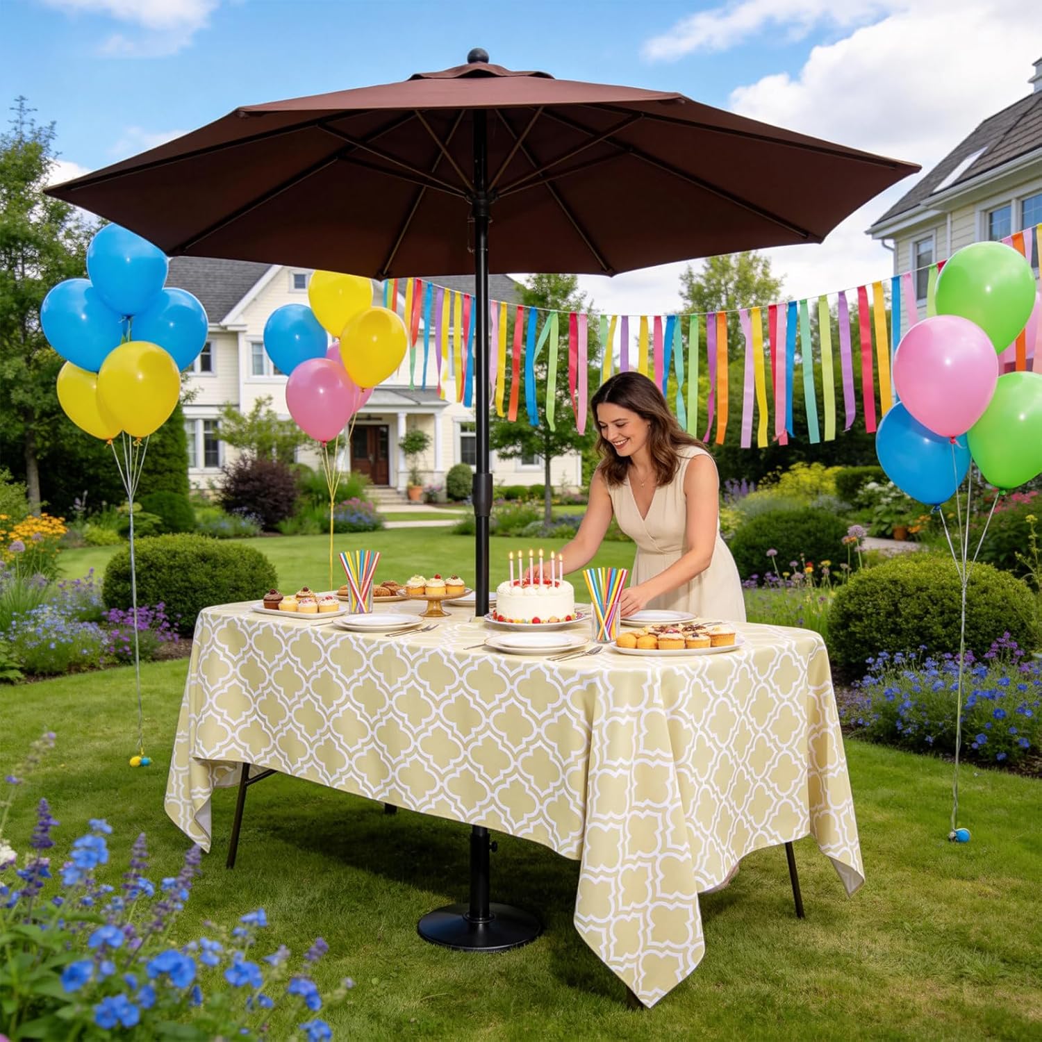 Thumbnail 5 de 3E Home 152 x 213cm water-resistant outdoor tablecloth with parasol hole and zipper (rectangle) – khaki lattice