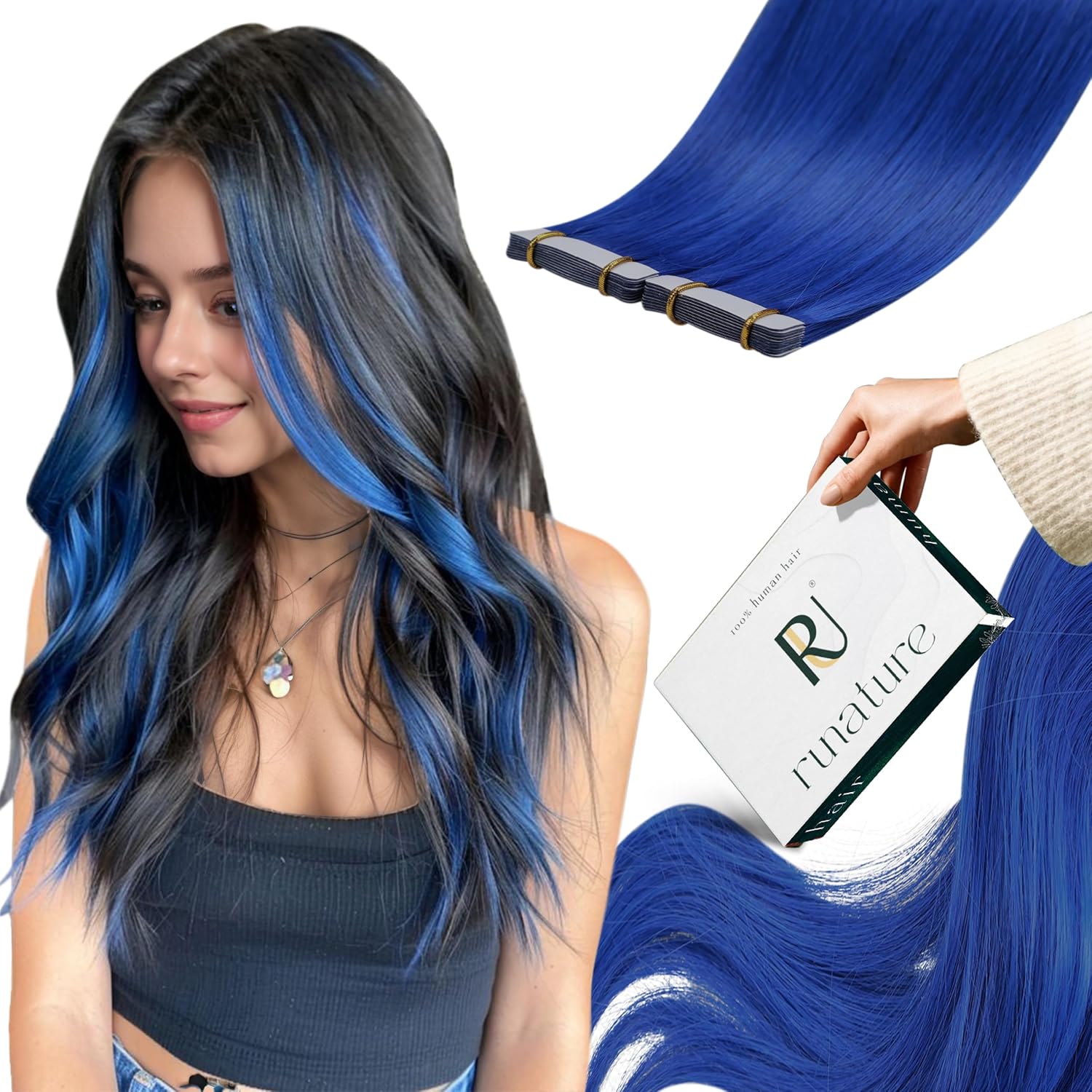 Detalle de RUNATURE Tape in Extensions Echthaar Blau 40 cm