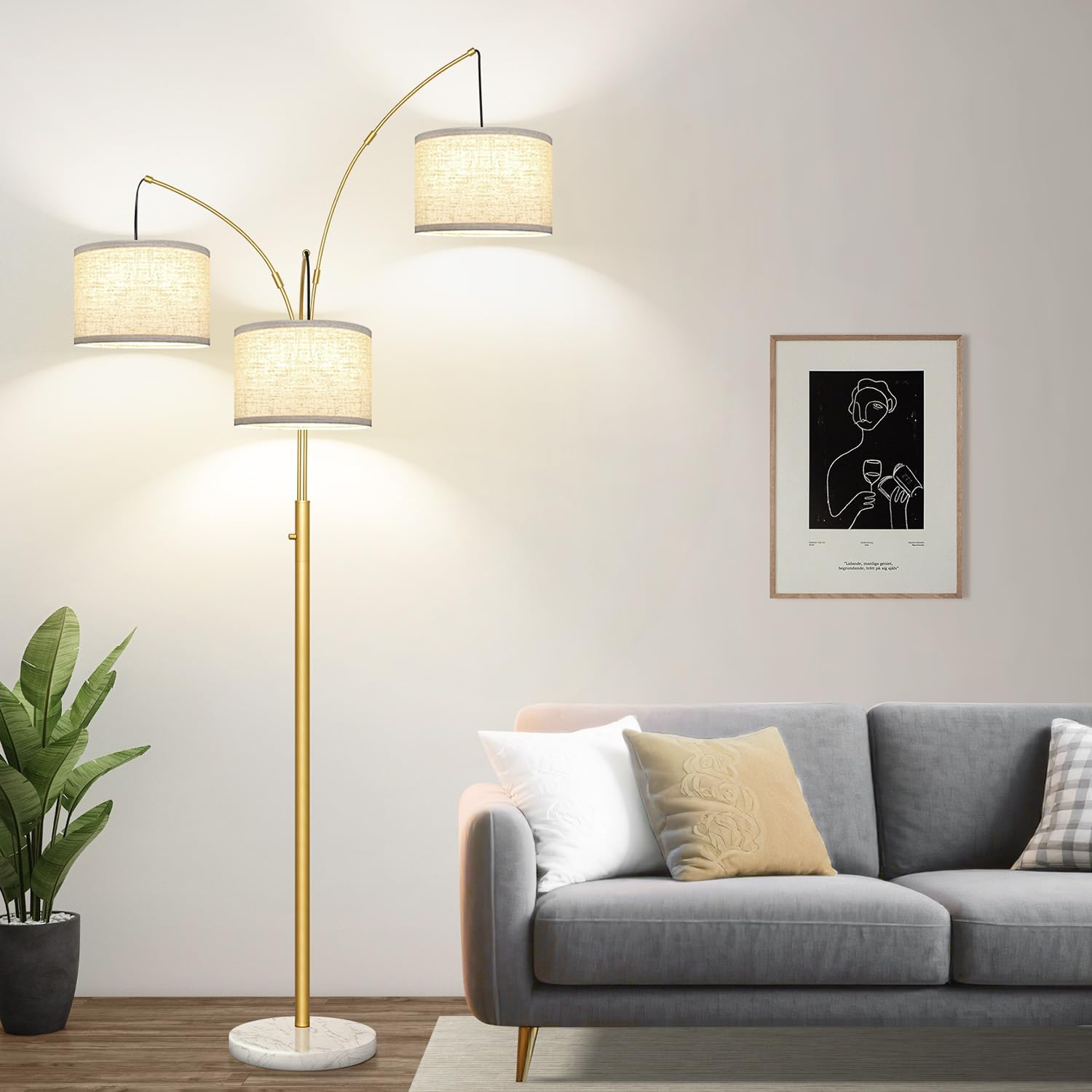 Thumbnail 6 de Nintiue Dimmable Arc Floor Lamp, 3 Lights, Marble Base, Gold Finish