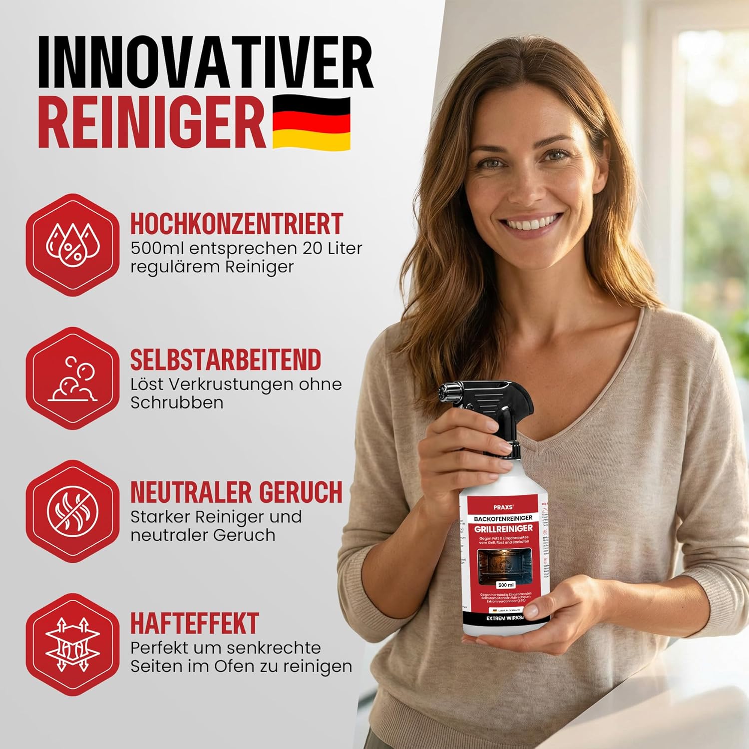 Detalle de PRAXS Backofenreiniger & Grillreiniger Konzentrat (500 ml) – Aktivschaum, wirksam in 10 Minuten