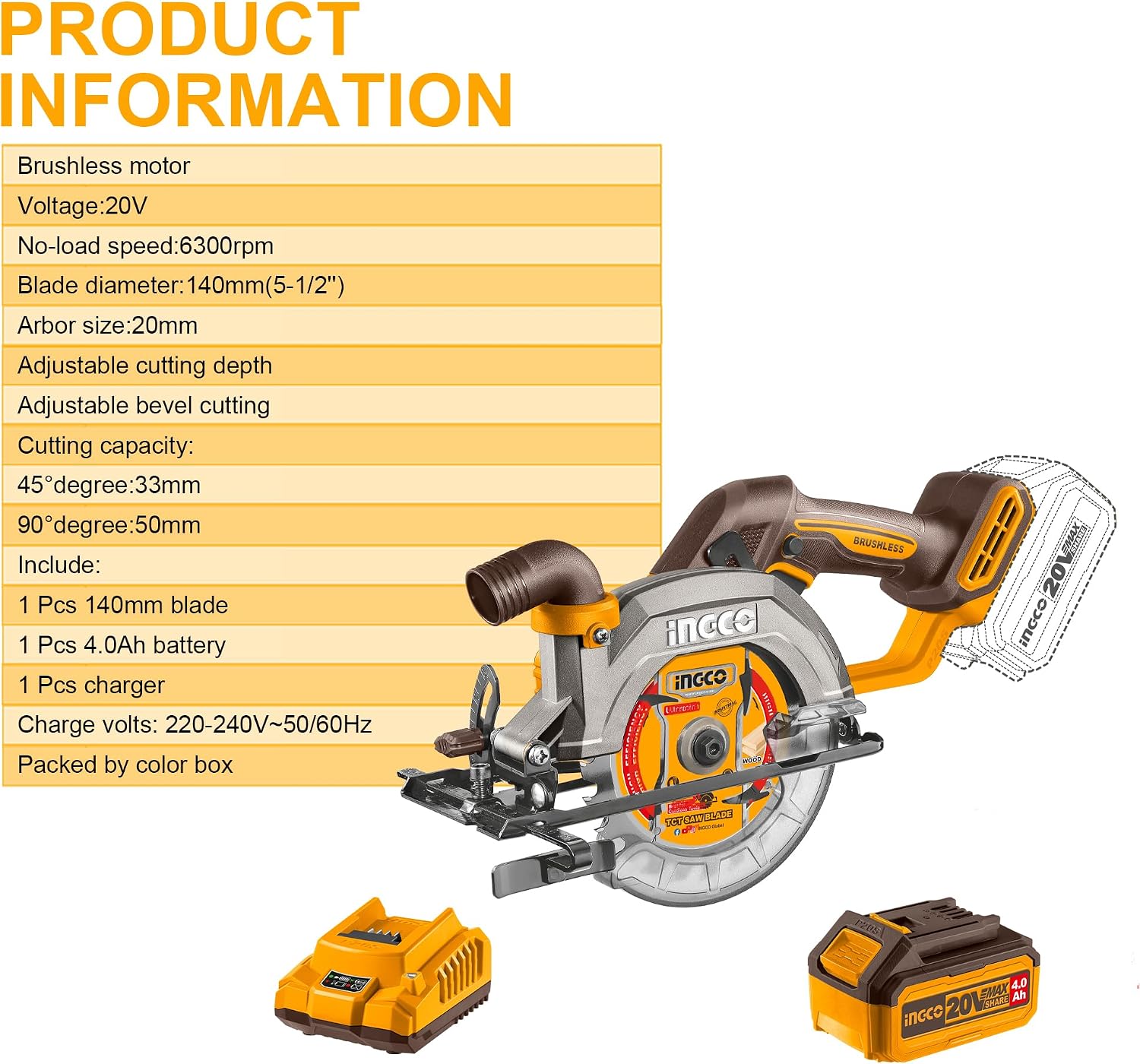 Thumbnail 5 de INGCO CSLI14021 20V Cordless Circular Saw 140mm