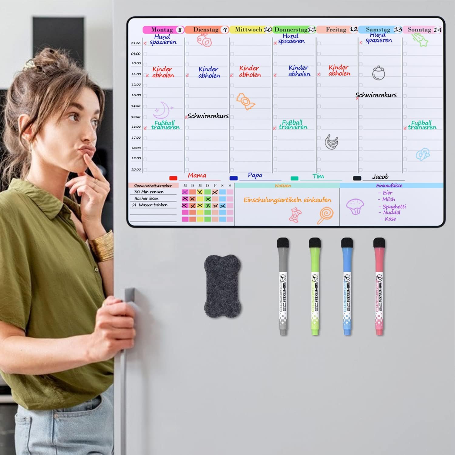 Detalle de POPRUN magnetischer Whiteboard-Wochenplaner 42 x 28 cm mit Magneten, abwischbar