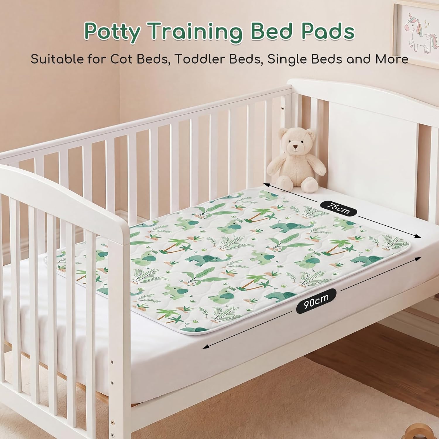 Detalle de Yukkidds 2 Pack Potty Training Bed Pads (75 x 90 cm) – Waterproof, Washable Mattress Protector for Kids, Green Elephant