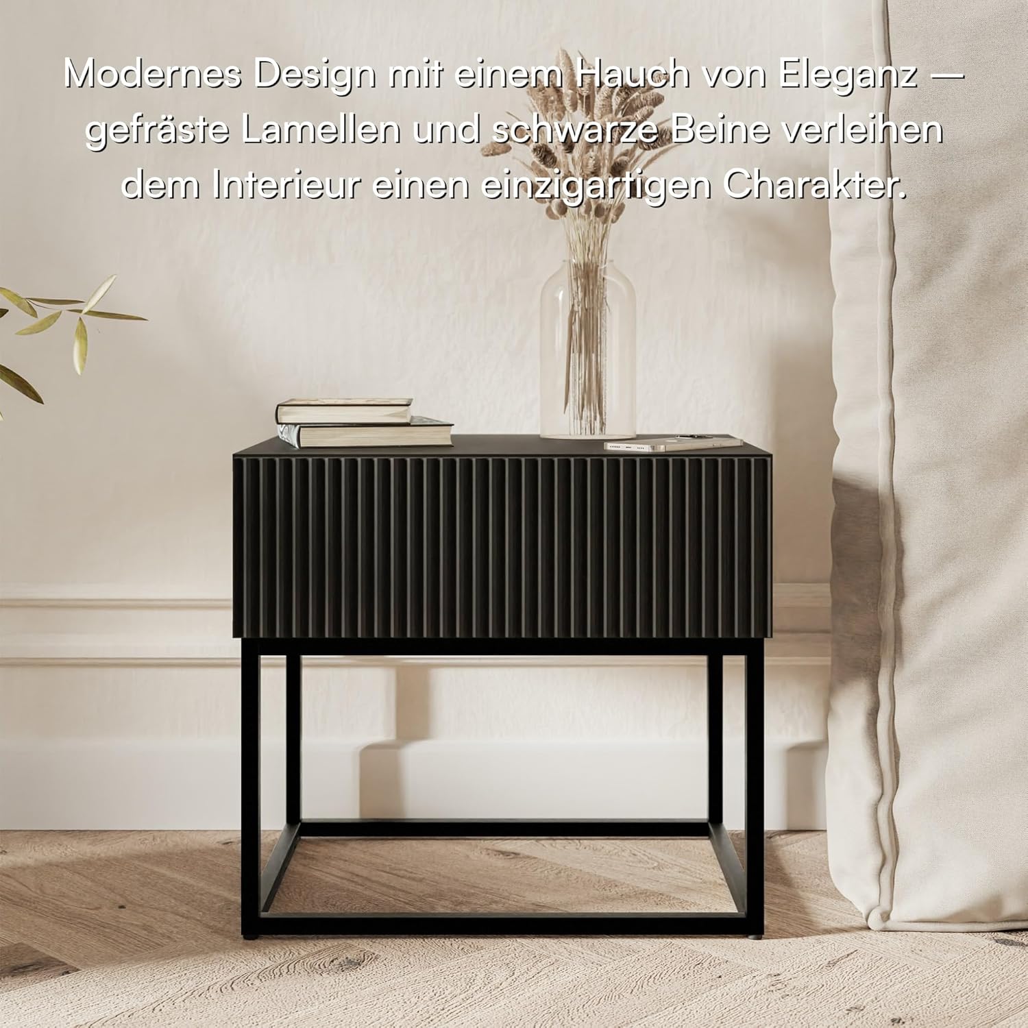 Detalle 2 de Selsey Nachttisch mit Schublade und Lamellenfront, 44 x 50 x 35,6 cm (Schwarz)