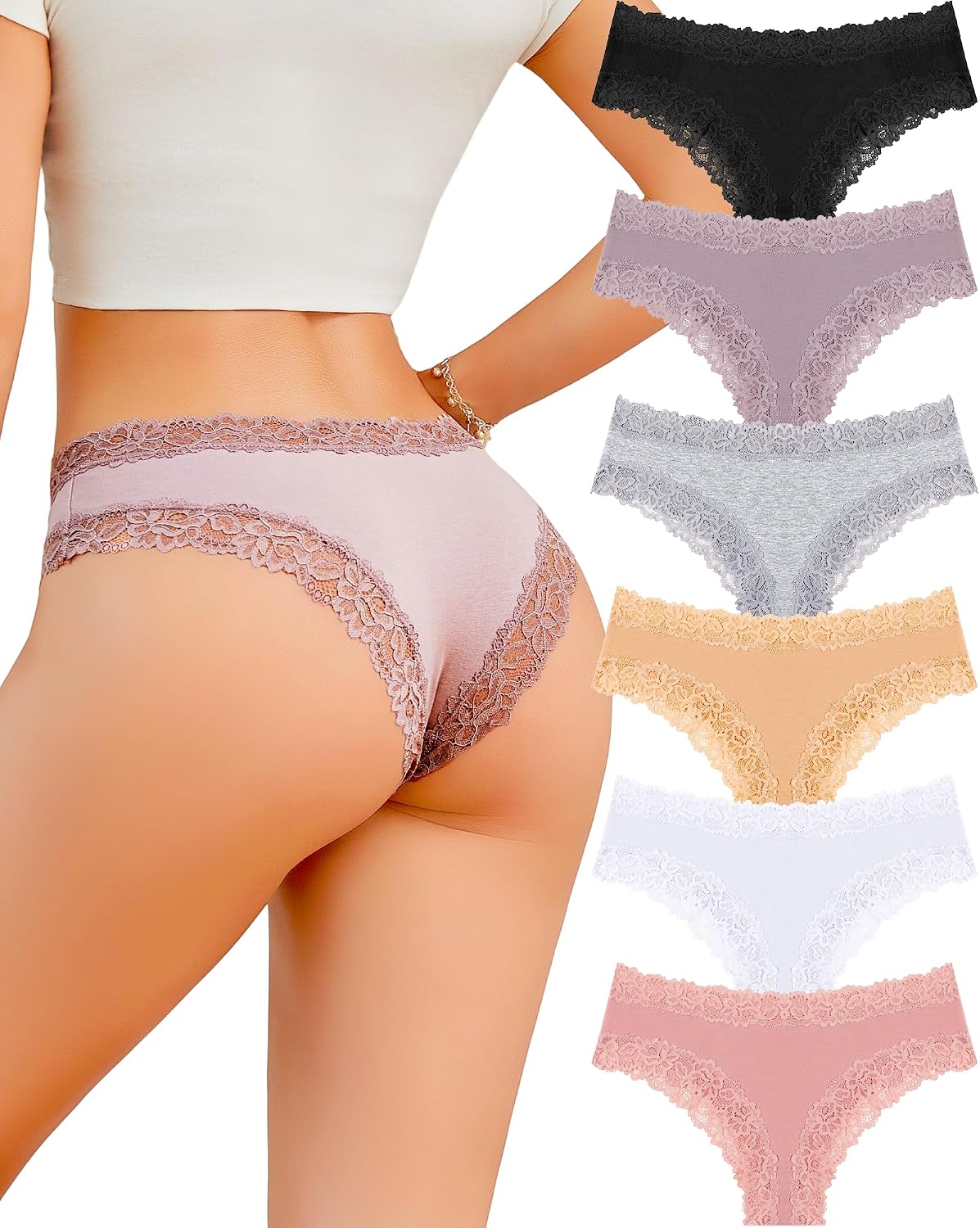 Detalle de FINETOO Cotton Lace Cheeky Panties, Low-Rise 6-Pack