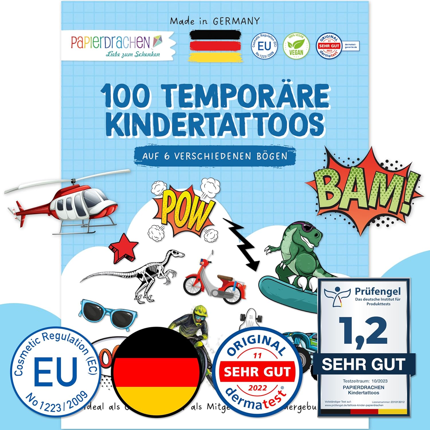 Papierdrachen 100 Papierdrachen Hautfreundliche Kindertattoos zum Aufkleben (vegan, geprüft) – 6 Bögen