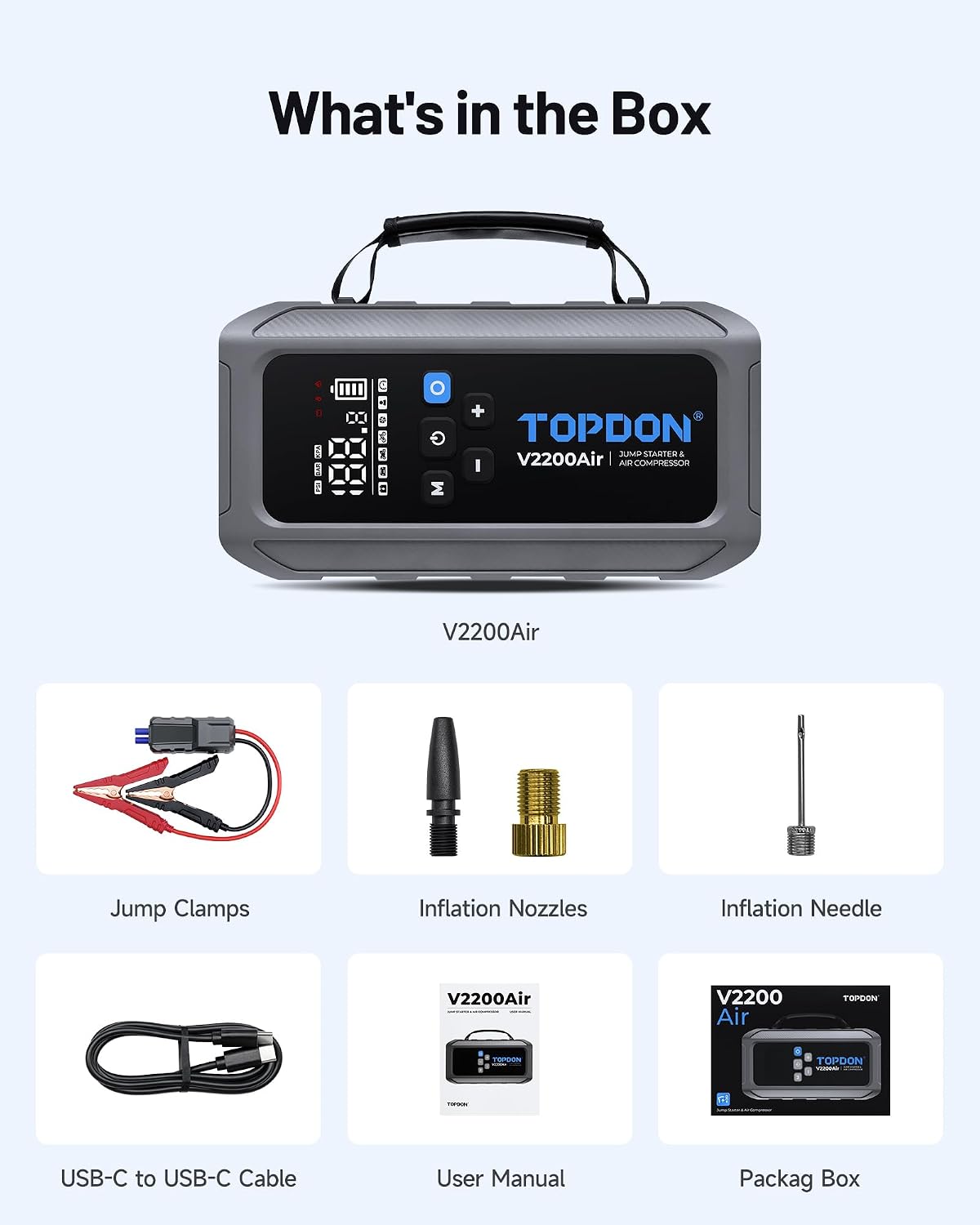 Thumbnail 6 de TOPDON V2200Air Booster: Batterie de démarrage 2200A, gonfleur 150 PSI et lampe LED