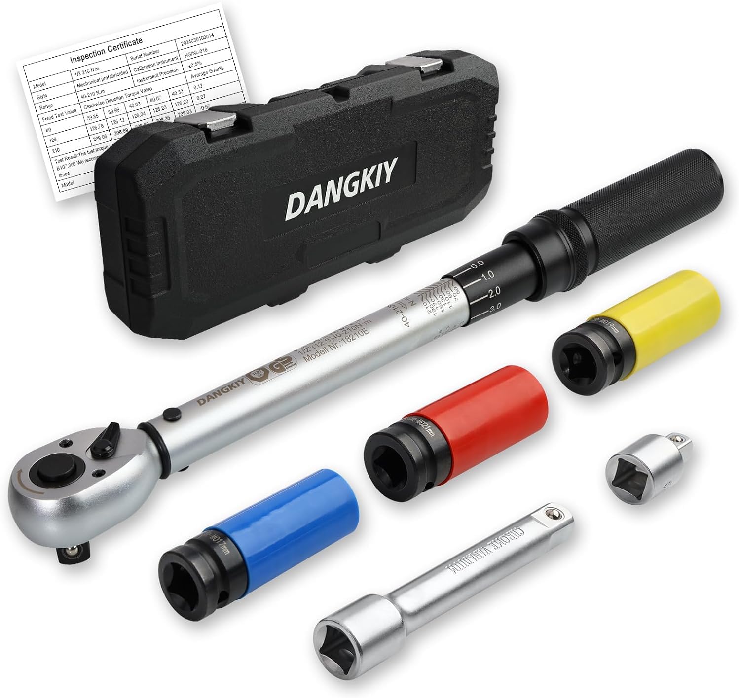 Detalle de DANGKIY Drehmomentschlüssel Auto & Motorrad (1/2 Zoll, 40–210 Nm) inkl. 125-mm Verlängerung, 3 Stecknüssen