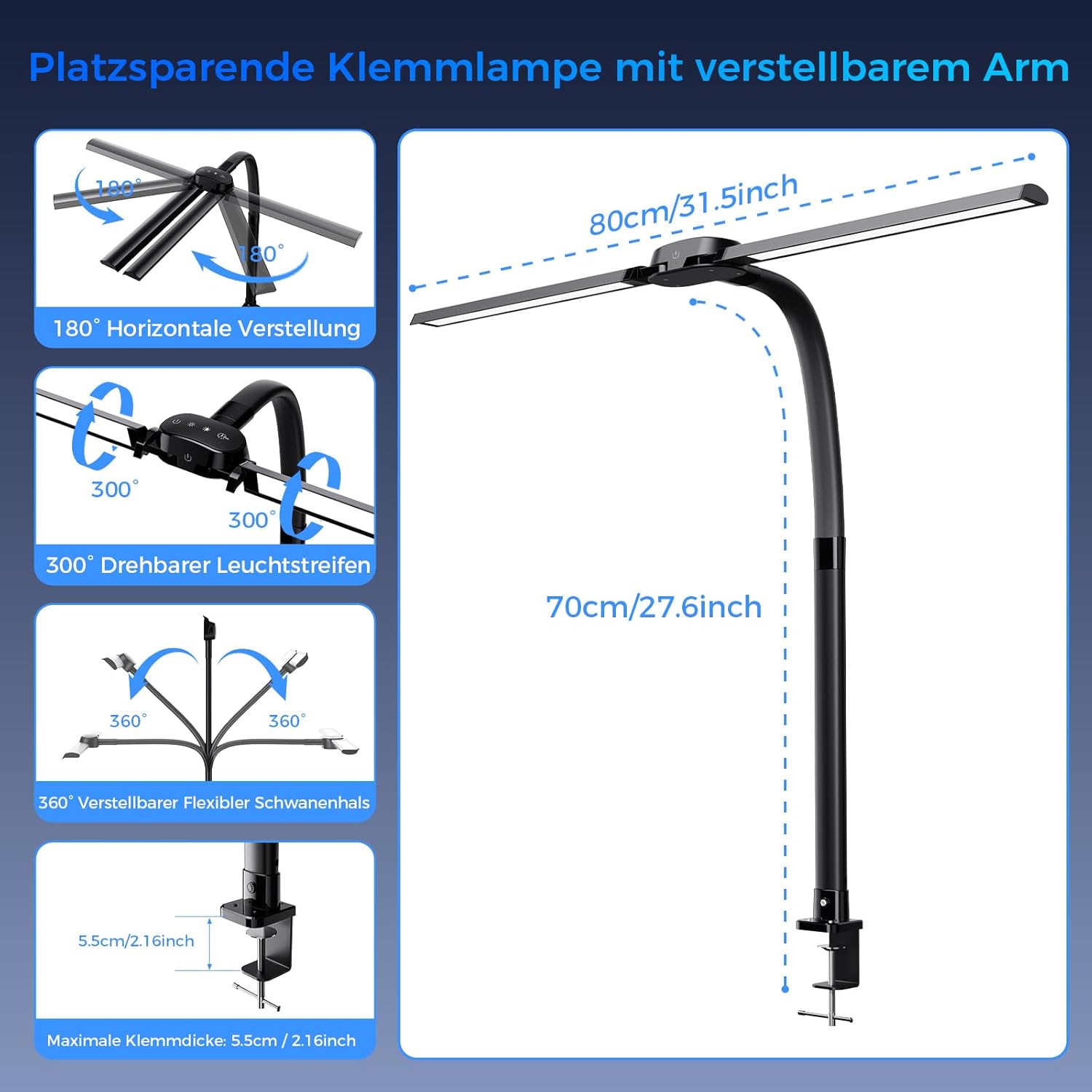 Thumbnail 6 de Nevoke Schreibtischlampe LED Dimmbar – 1400 lm, 24 W, Doppelkopf mit Klemmfassung, Fernbedienung und USB-Ladefunktion
