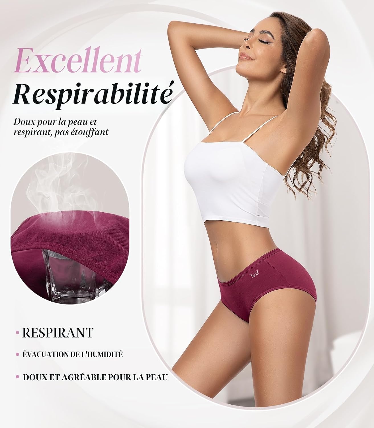 Detalle de Culotte Femme TANSTC Coton Taille Moyenne – 95% Coton Peigné Doux (6 pièces, Multi-coloris)