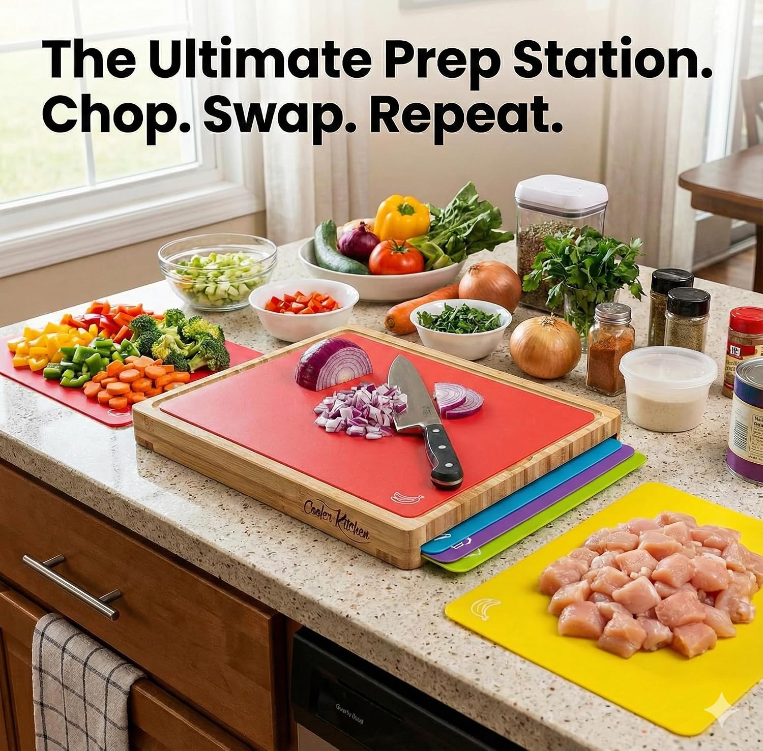 Thumbnail 6 de Cooler Kitchen Bamboo Cutting Board Set with 6 Color-Coded Flexible Mats, Holder, BPA-Free (Dishwasher Safe)