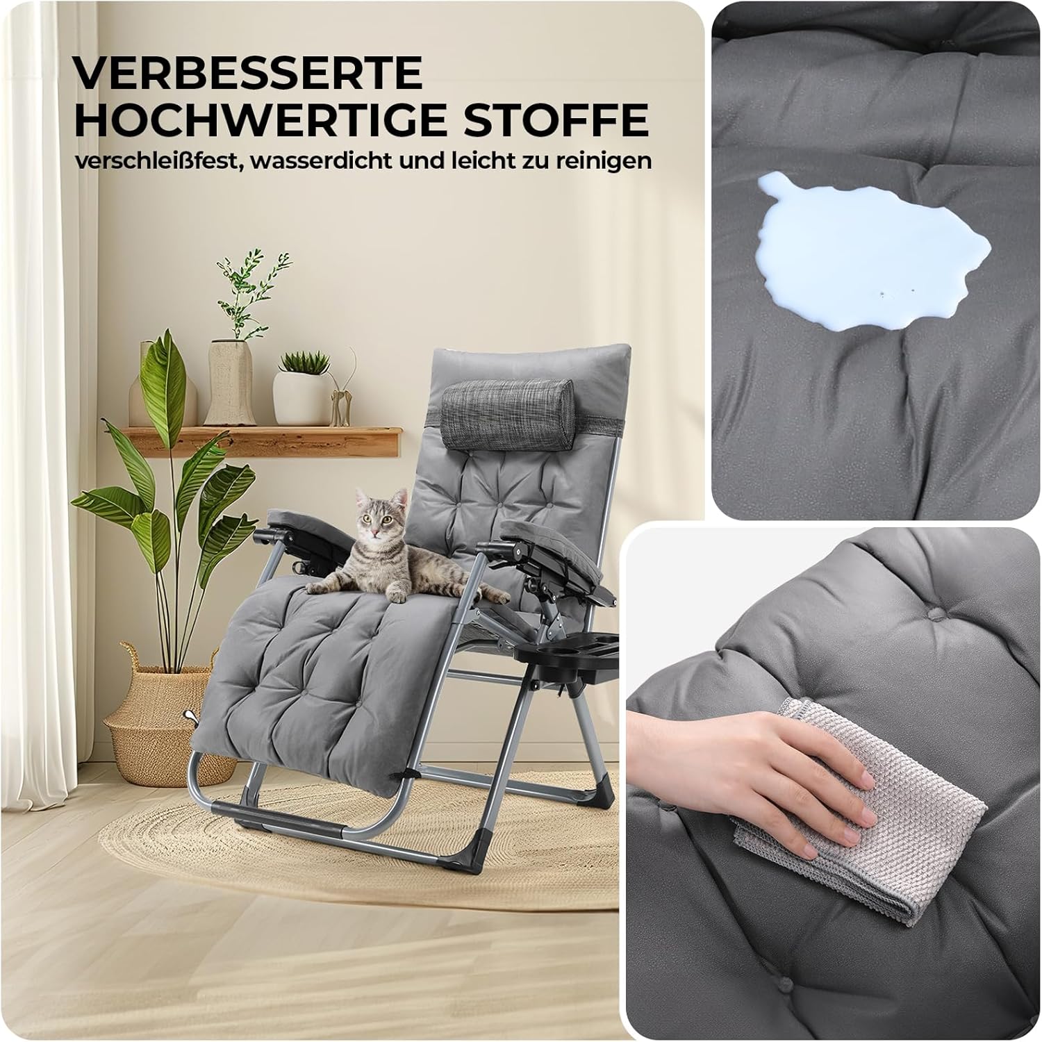 Detalle de TLGREEN Sedie a Sdraio Reclinali da Giardino Pieghevoli con Cuscino e Poggiatesta – Lettino Prendisole 2 pezzi in Grigio, 160x69x80 cm