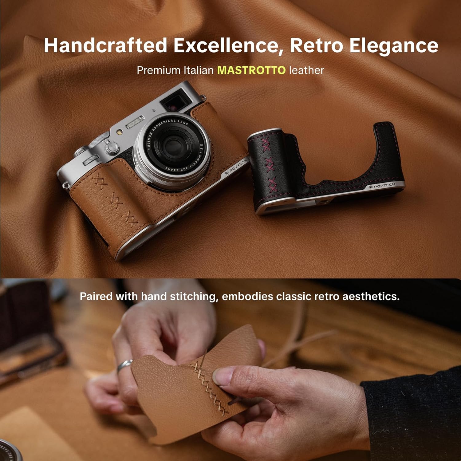 Thumbnail 1 de PGYTECH X-T5 Étui en cuir pour FUJIFILM : Demi-étui en cuir véritable fait main, base en alliage d'aluminium (Marron)