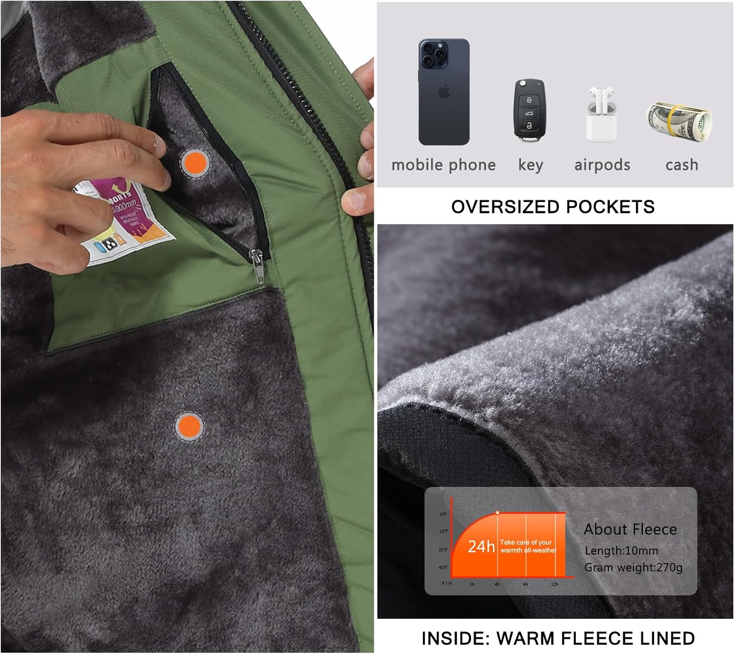 Thumbnail 5 de SPOSULEI Herren Winter-Fleecejacke mit Wetterschutz, abnehmbarer Kapuze und Utility-Taschen