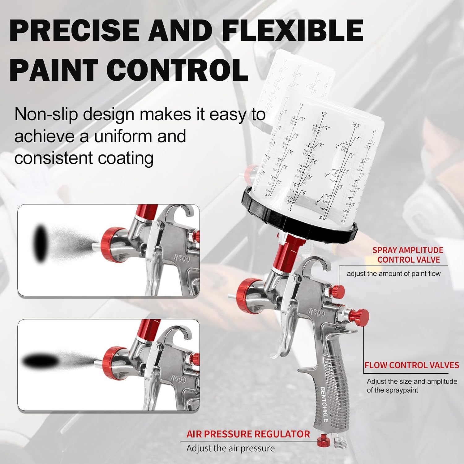 Thumbnail 6 de BENTOHKLE R500 LVLP Air Spray Gun with 650 mL Cup, 4 Nozzles and 10 Disposable Cups