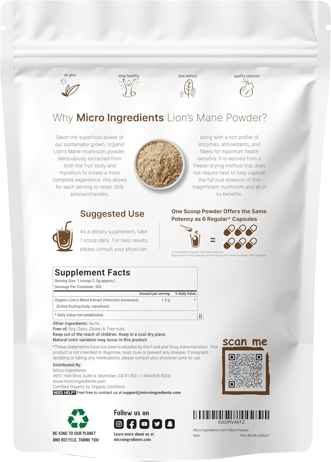 Detalle 2 de Micro Ingredients Lion’s Mane Mushroom Powder 16 oz
