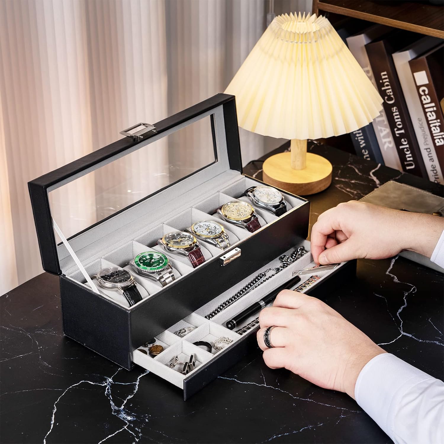Detalle de ProCase Scatola porta orologi con 6 scomparti e coperchio in vetro – 32,5×11×11 cm