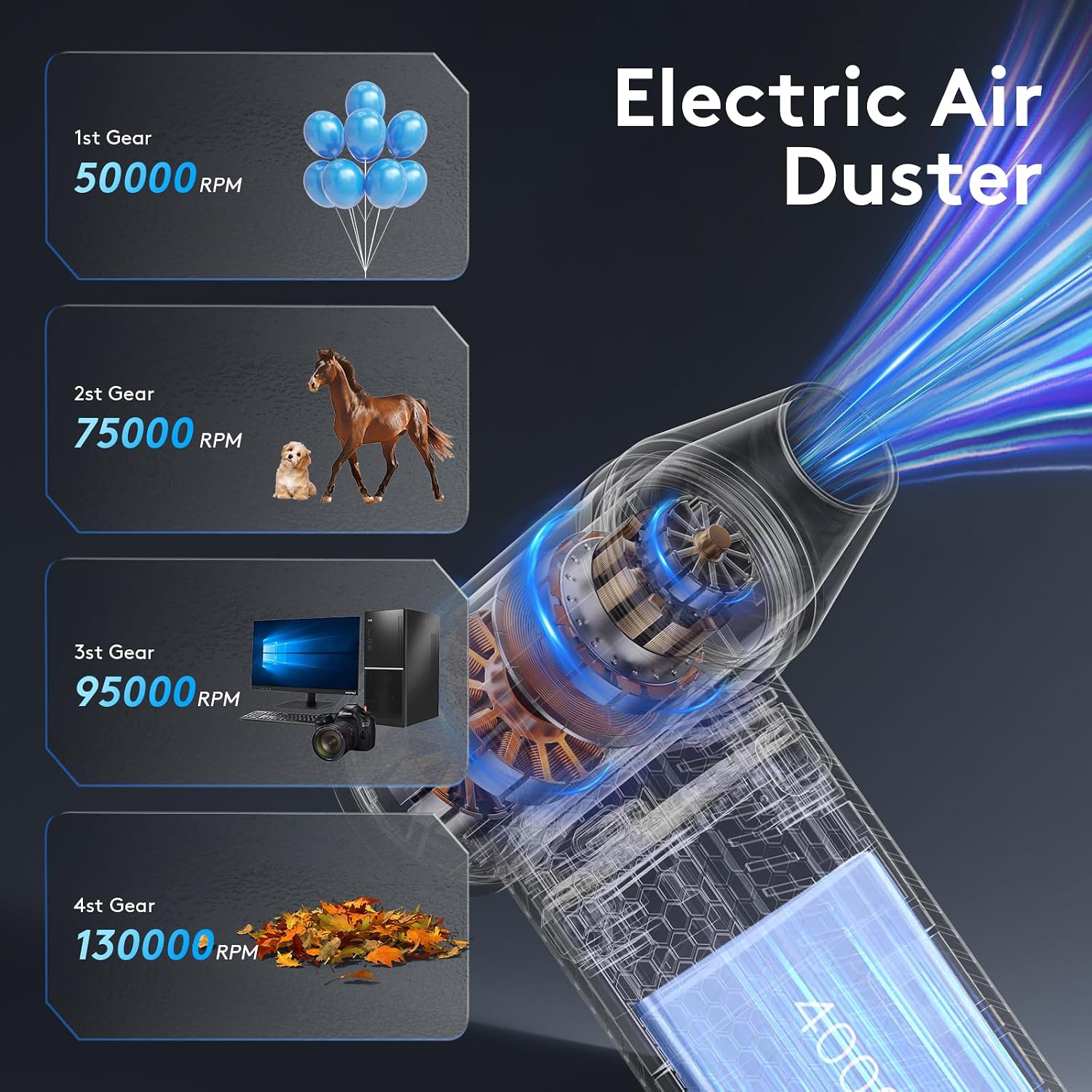 Thumbnail 5 de Compressed Air Duster Cleaner for PC with 4 Adjustable Speeds (up to 130000RPM) – Cordless Electric Air Blower