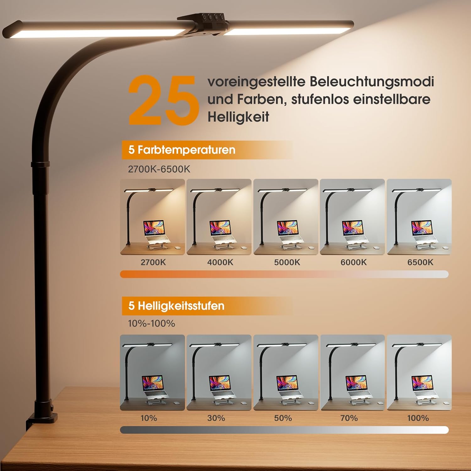 Thumbnail 3 de SIBRILLE LED-Schreibtischlampe mit Doppelkopf, dimmbar & klemmbar (Schwanenhals), Schwarz