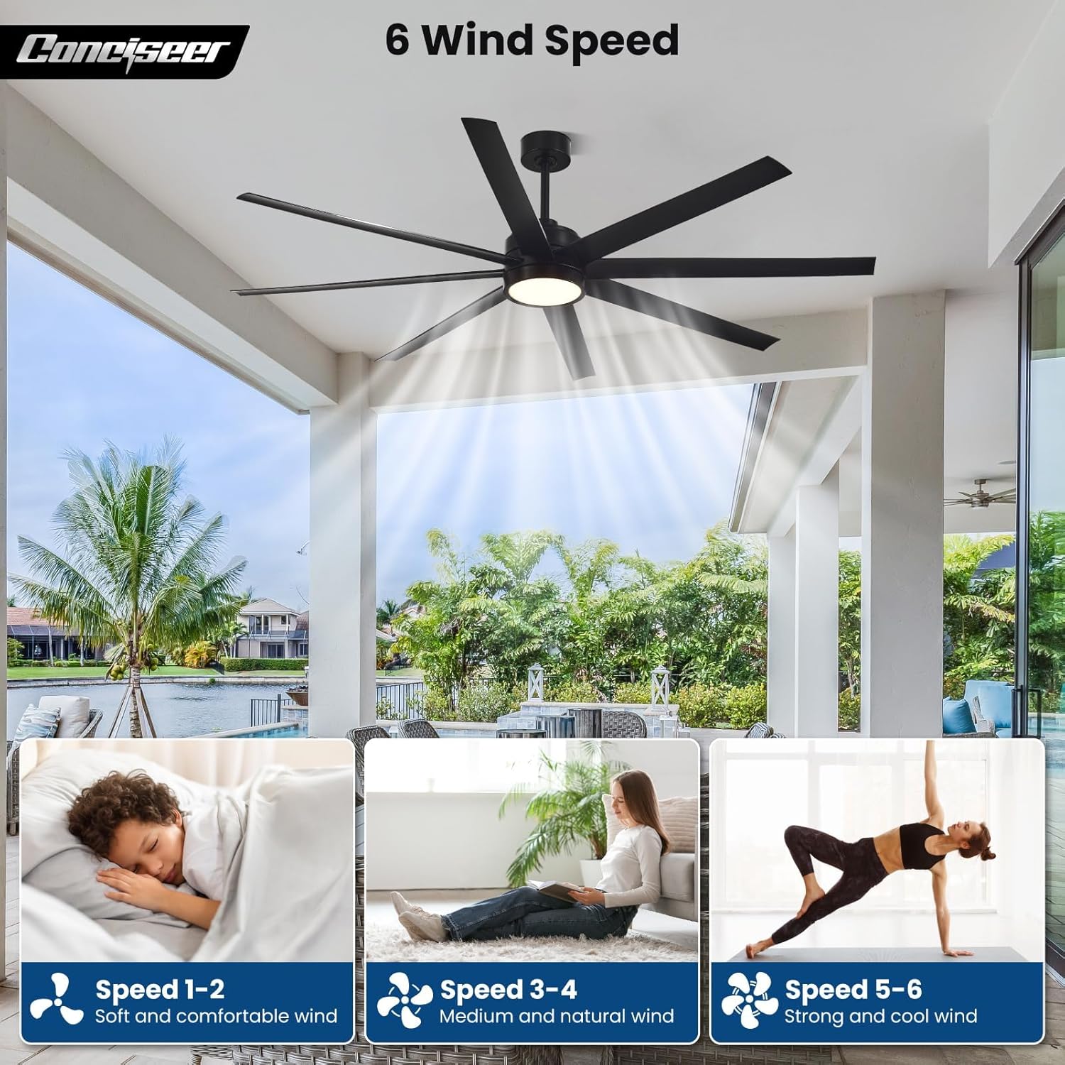 Thumbnail 4 de Conciseer 72-Inch Modern Ceiling Fan with Lights, Remote & 6-Speed Reversible Quiet DC Motor (Black)