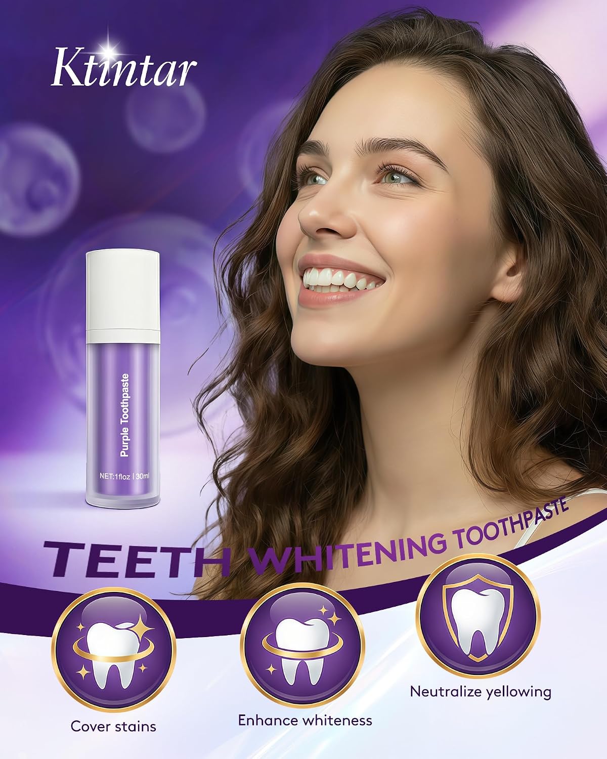 Detalle de Ktintar Purple Toothpaste for Teeth Whitening: Color-Correcting, Peroxide-Free Whitening