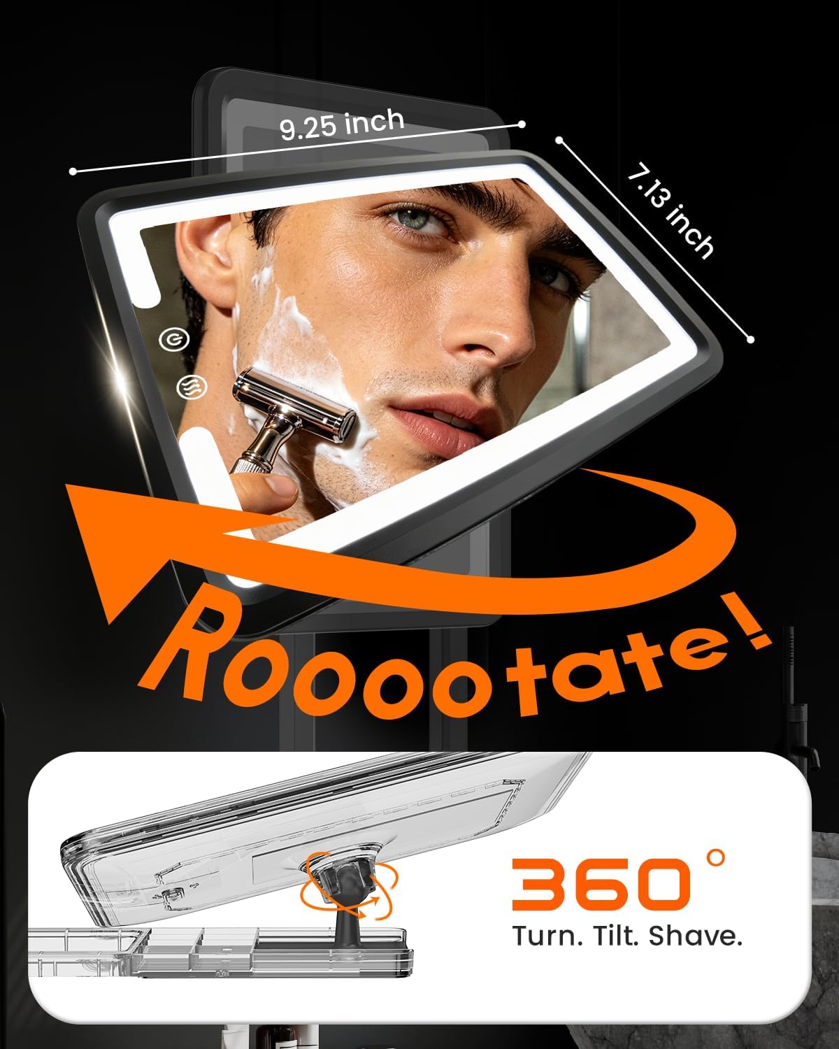 Detalle 1 de DeLanges Heated Fogless LED Shower Mirror with 3 Dimmable Lights, Rechargeable Battery & Drill-Free Mount