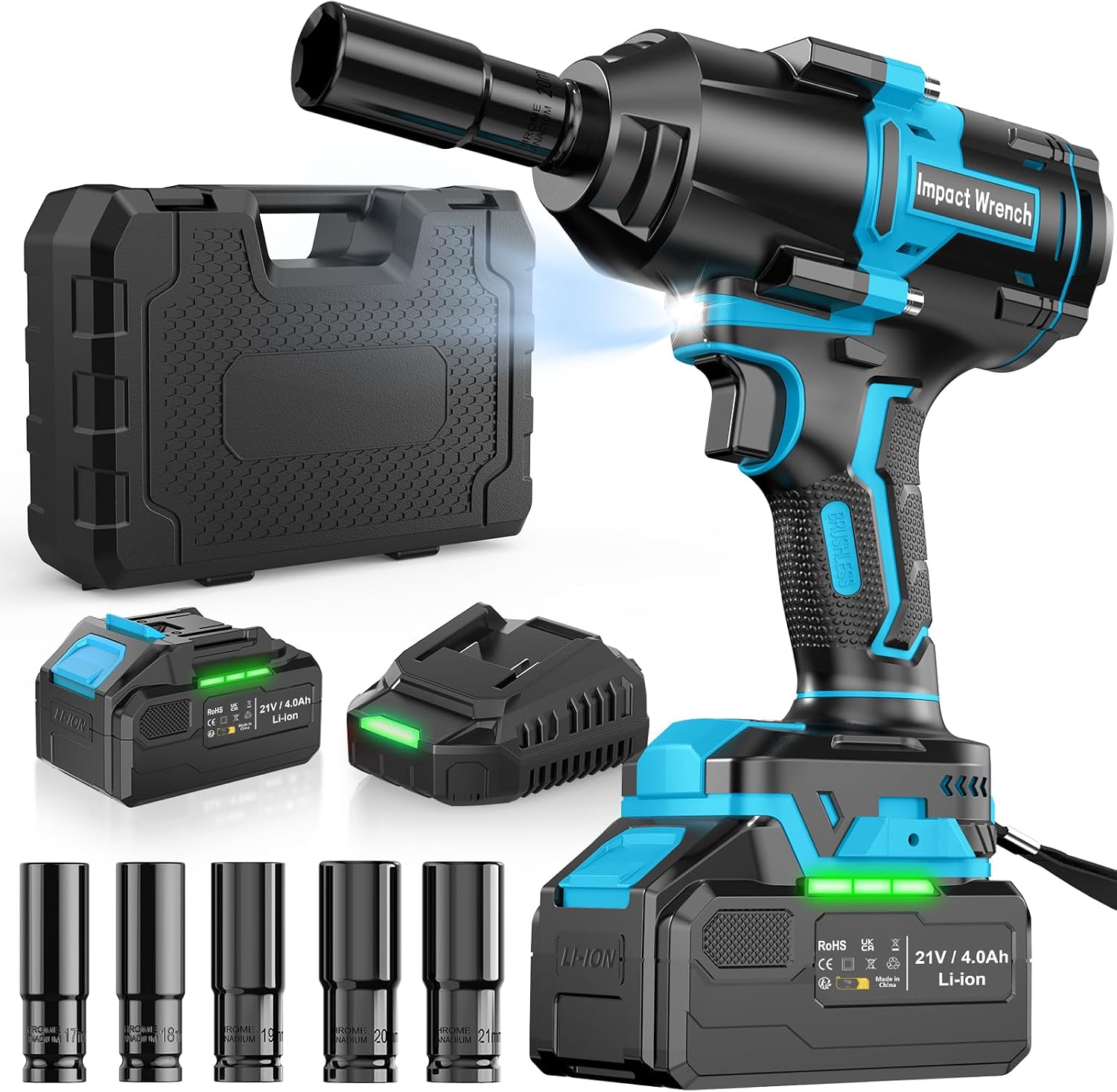 Detalle de BETENST Cordless Impact Wrench 1000N.m (1/2"), 21V Brushless Impact Driver with Battery and Sockets