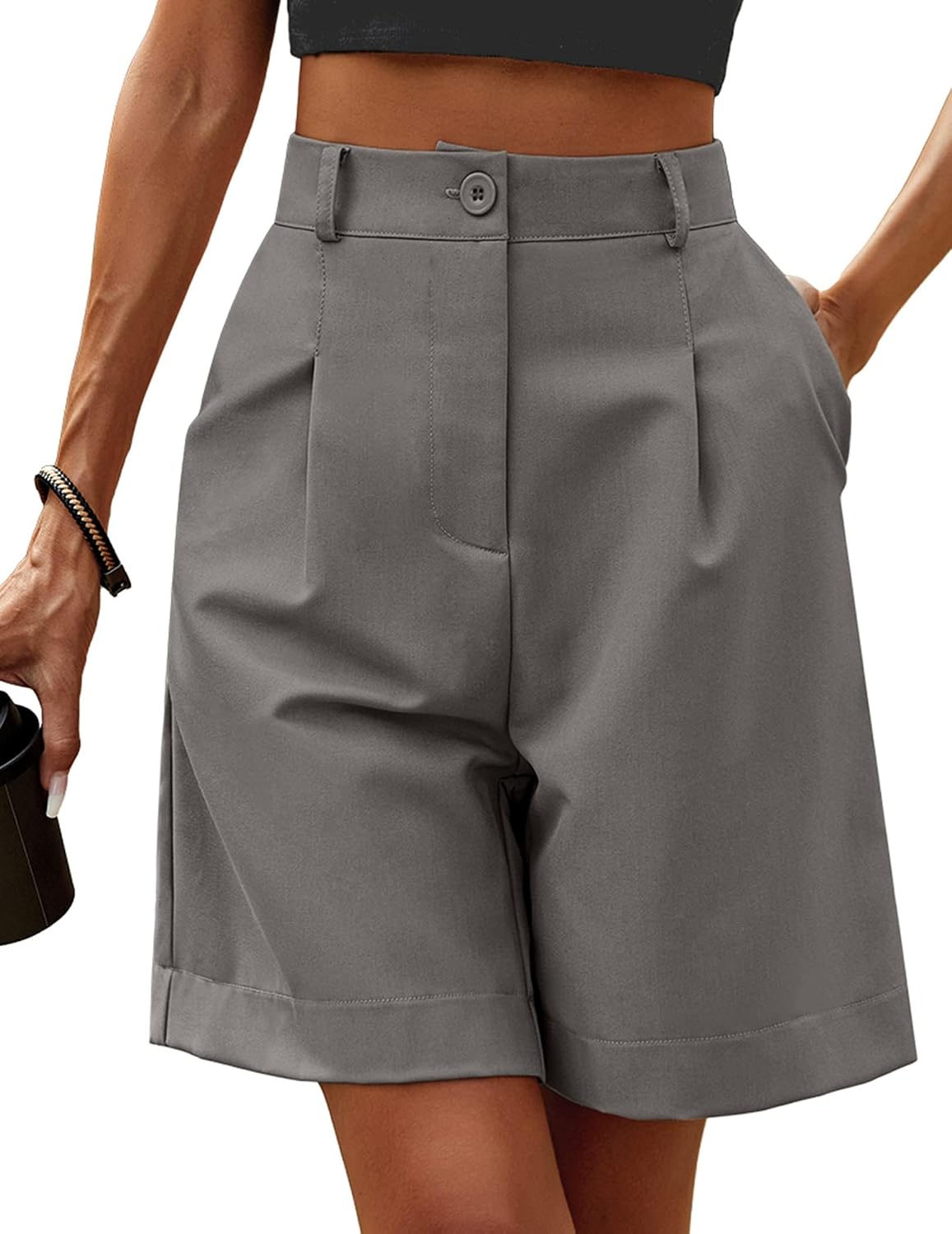 Detalle 2 de Zeagoo pantaloncini donna estivi a vita alta con fascia elastica e tasche, bermuda casual gamba lunga