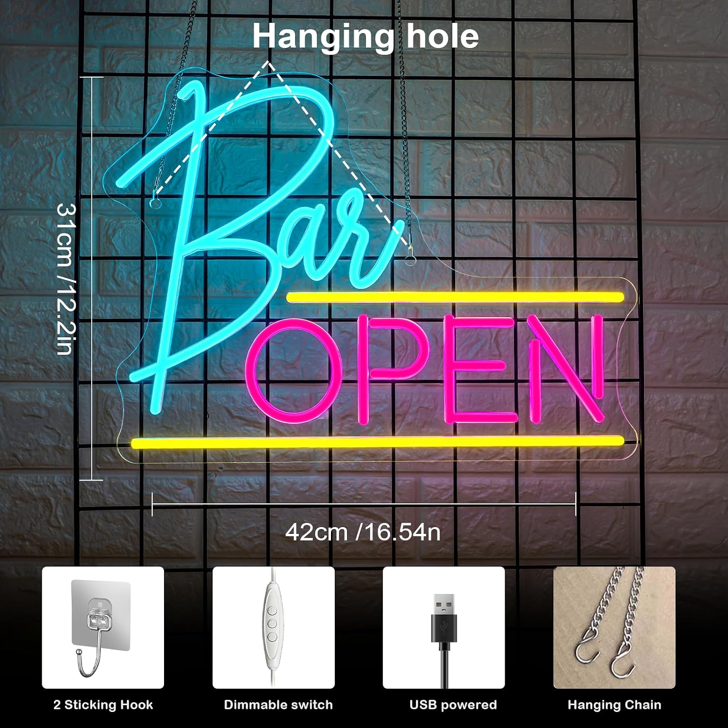 Detalle de ineonlife Open Neon Schild Rosa Blau – LED Neonlicht für Bars, Salons, Shops und mehr
