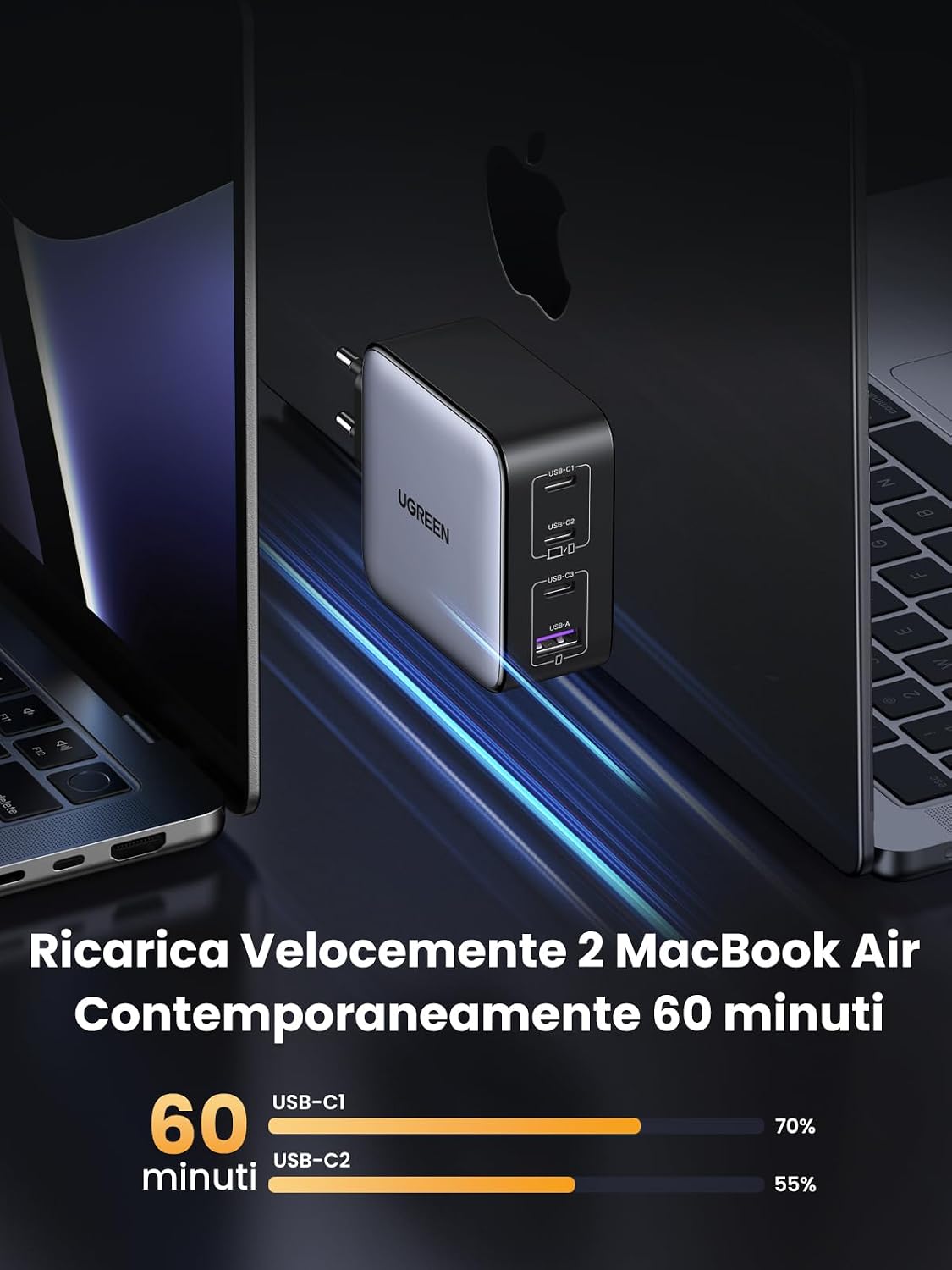 Detalle de UGREEN Nexode 100W caricatore GaN USB-C multiplo con 4 porte (3 USB-C + 1 USB-A)