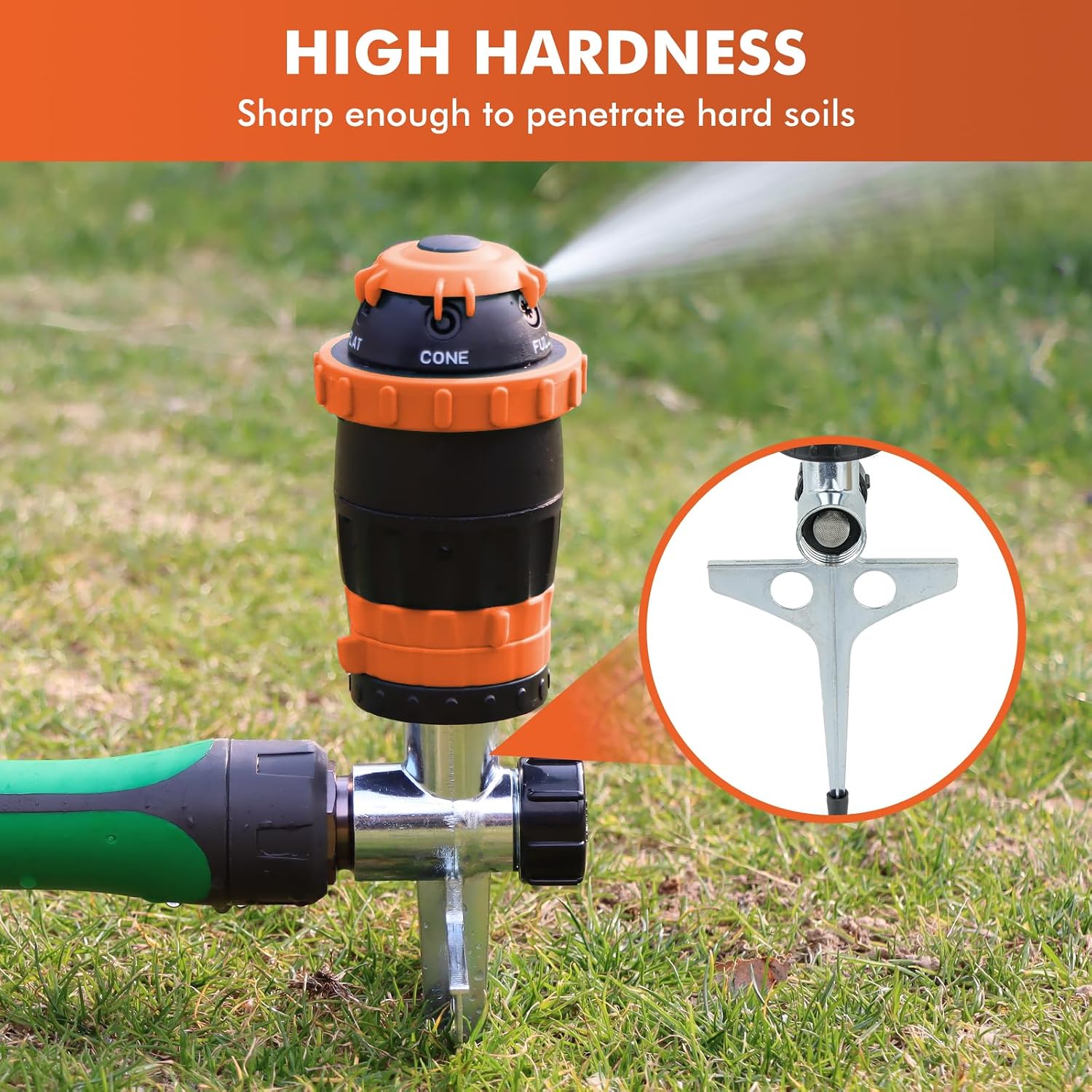 Detalle de RESTMO Gear Drive Sprinkler with Metal Spike Base – 5-Pattern Heavy Duty Garden Sprinkler (Orange)