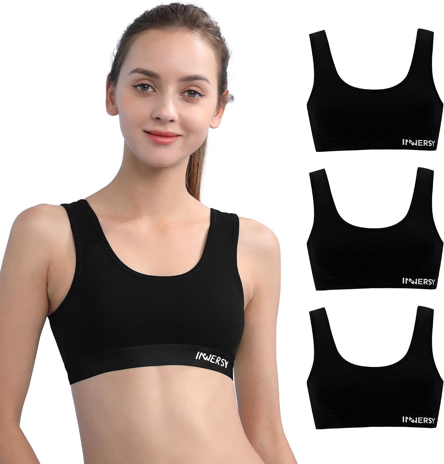 Detalle de INNERSY Girls Sports Bra Cotton Crop Tops (3 Pack) — Non-Padded Training Bras for Ages 6–16