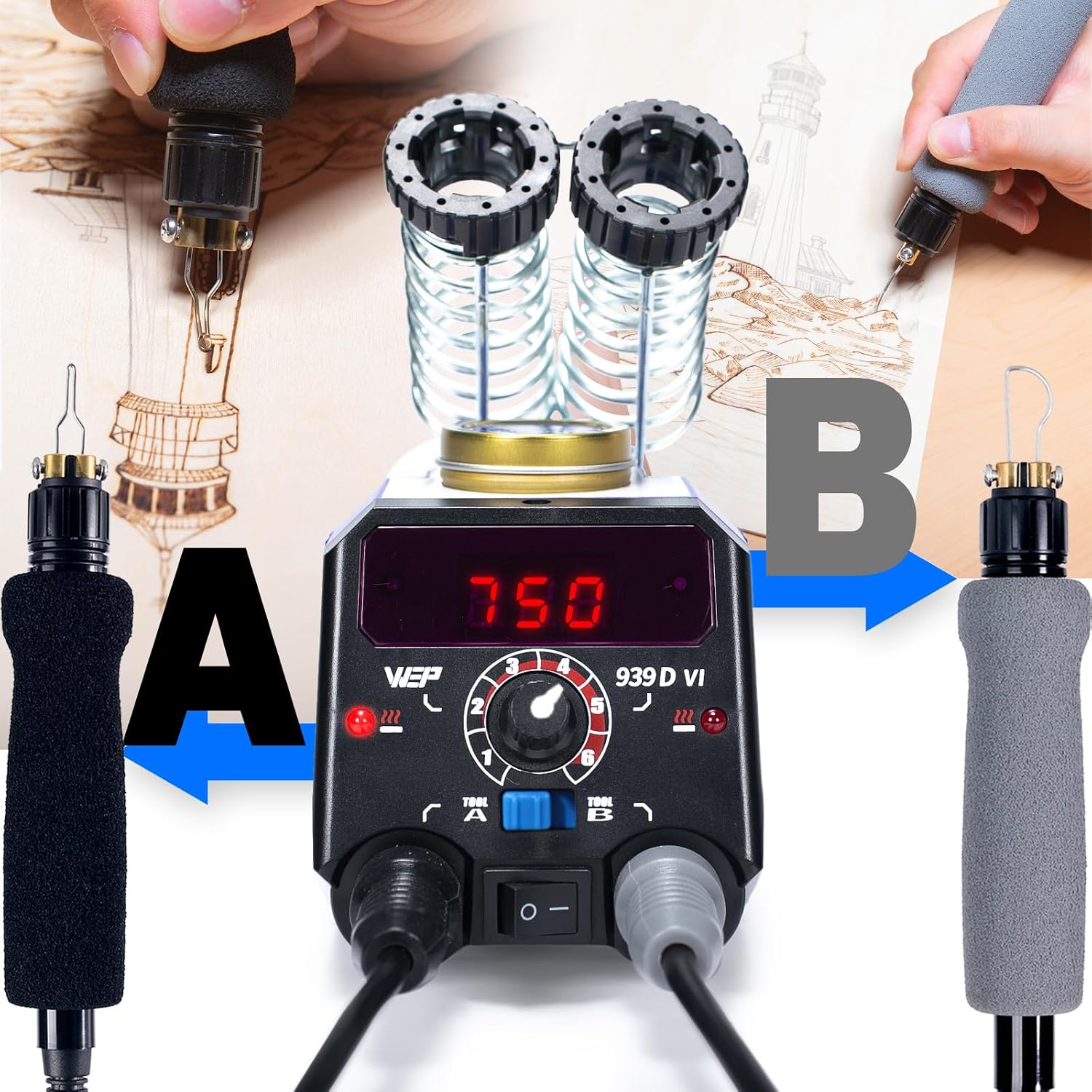 Detalle 1 de WEP 939D-VI Dual-Pen Wood Burning Kit with 20 Tips and A/B Toggle