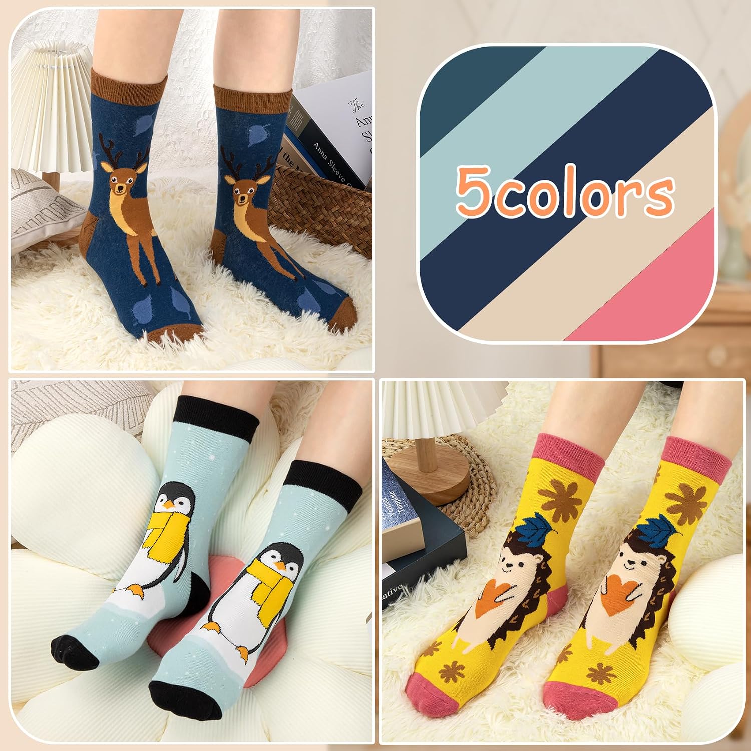 Detalle de Chalier Cozy 5 Paar Damen Socken mit Hunde- und Katzenmotiven – Baumwollkomfort, vielseitig einsetzbar