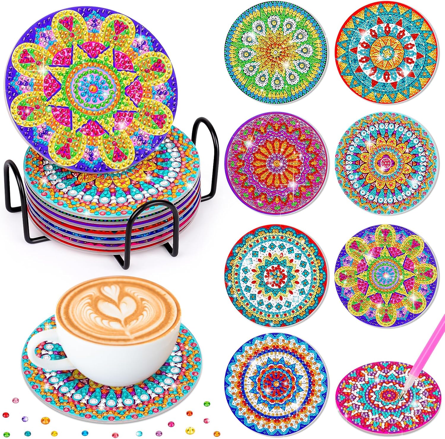Detalle de Bastelset Geschenk für Mädchen (8–12 Jahre): Diamond Painting Untersetzer mit 8 Motiven