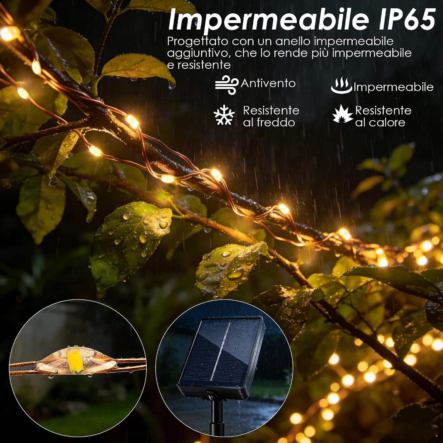 Detalle de Luci Solari Esterne Luci Solari Esterno 3 Pacchi 15+2M 150LED IP65 - Filo di Rame, Bianco Caldo