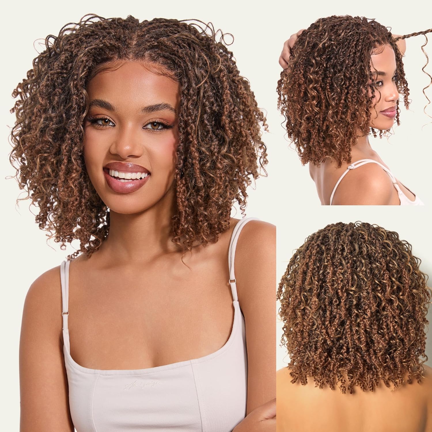 Detalle 2 de Frodio Veralux Fiber 10'' Synthetic HD Lace Wig – Micro Twist Curly, Glueless with Bangs