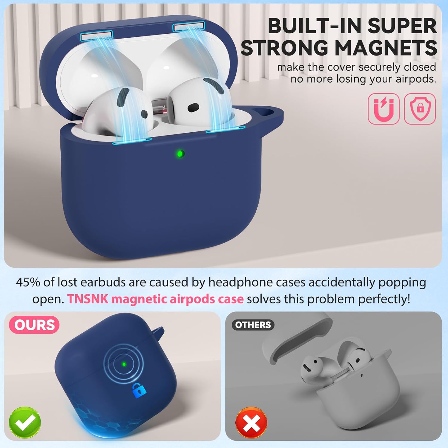 Detalle 2 de TNSNK Coque en silicone pour AirPods 4 (2024) avec fermeture magnétique, kit de nettoyage et porte-clés – M-Blue