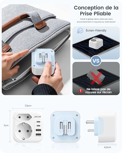 Detalle 2 de LENCENT adaptateur de voyage 6-en-1 pliable, prise type D, 2 USB-C et 2 USB-A