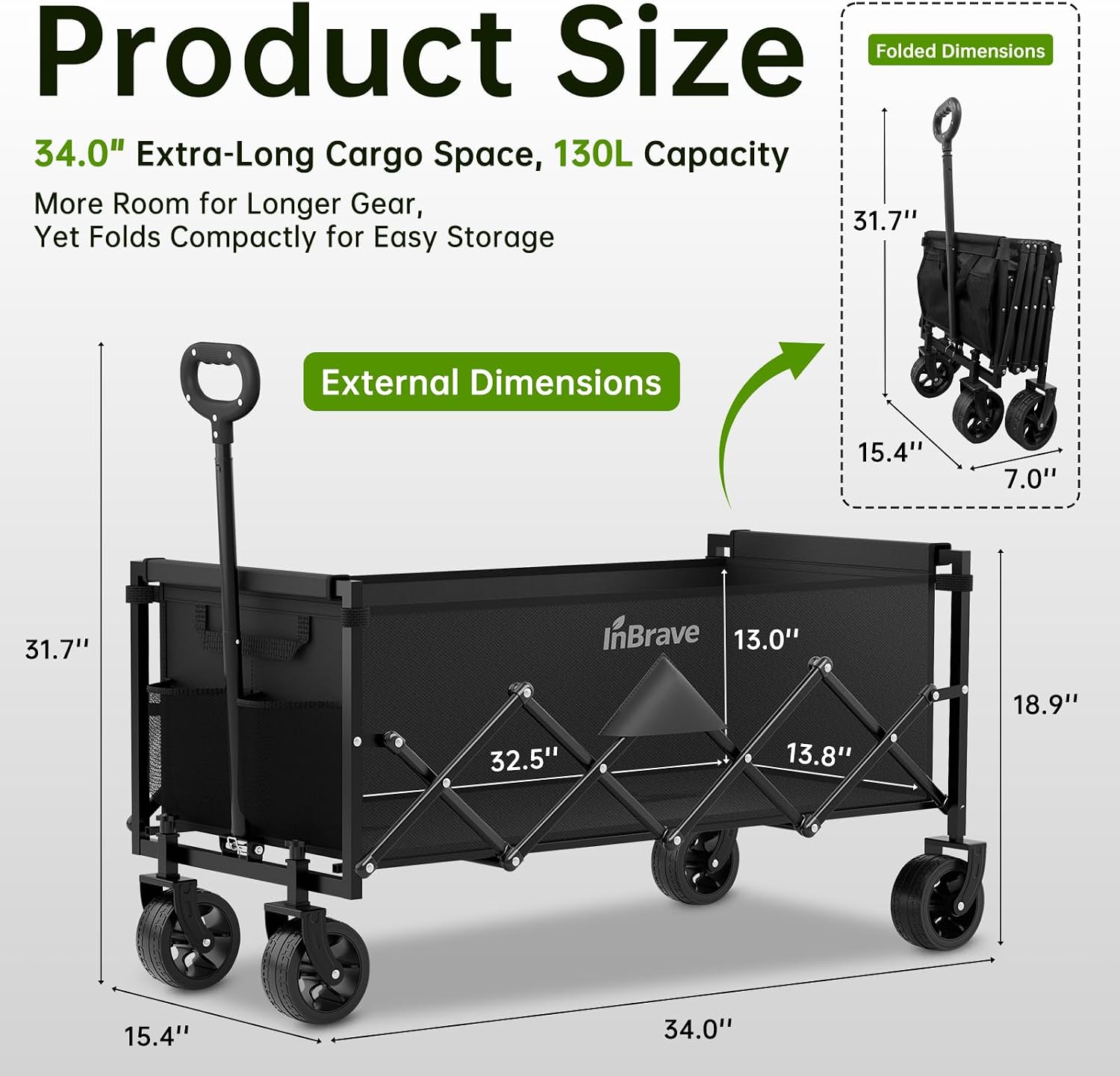 Thumbnail 1 de InBrave Extra Long Collapsible Wagon Cart (480LBS) with All-Terrain Wheels, Foldable Utility Cart for Beach, Camping & Shopping