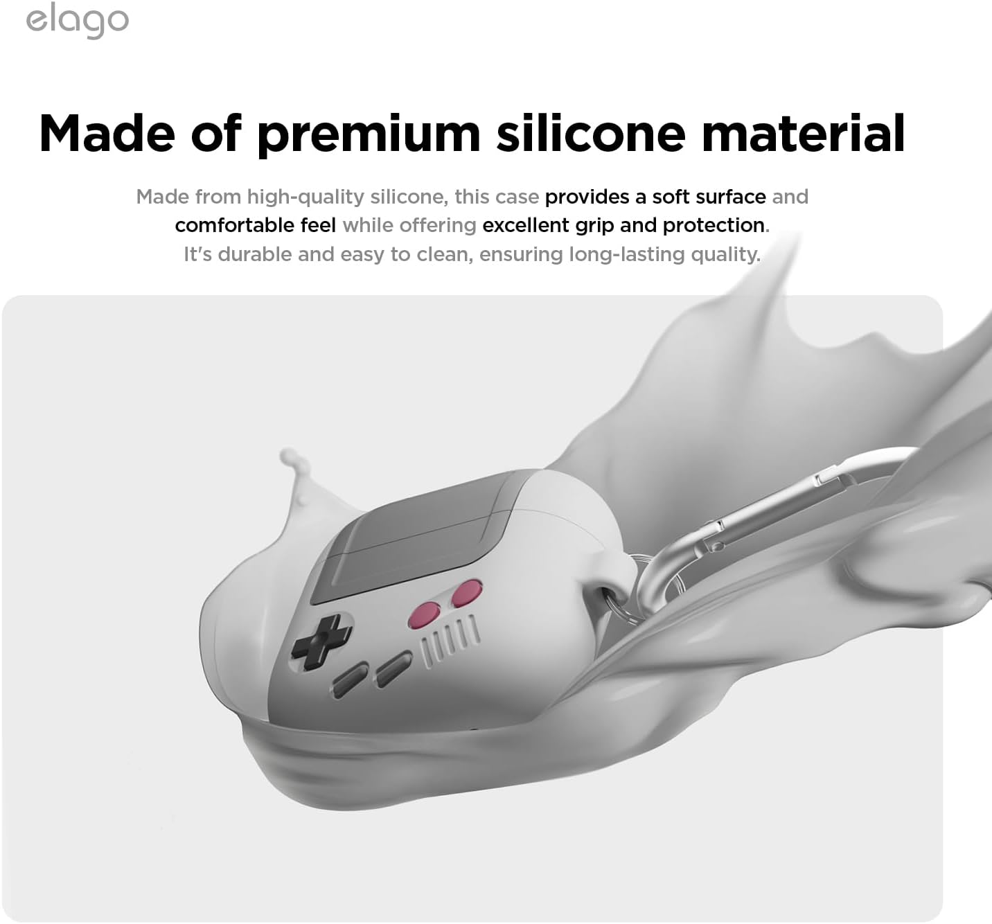 Detalle 2 de elago Coque AW5 en silicone pour AirPods 4 (2024) avec mousqueton inclus – design console rétro portable (gris)