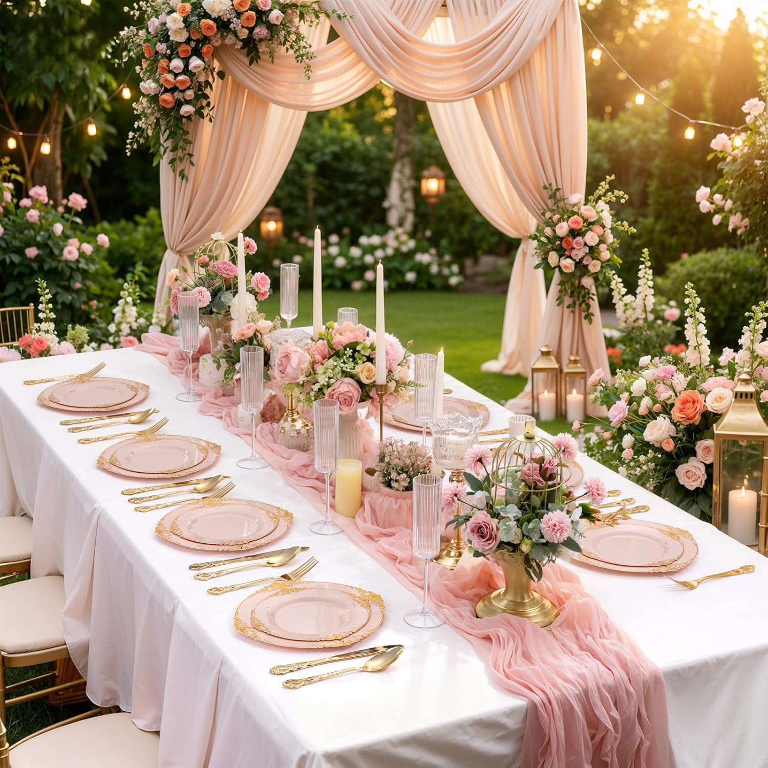 Detalle de Joyido 102PCS Pink & Gold Plastic Plates Set (Dinner + Dessert) for Weddings & Parties