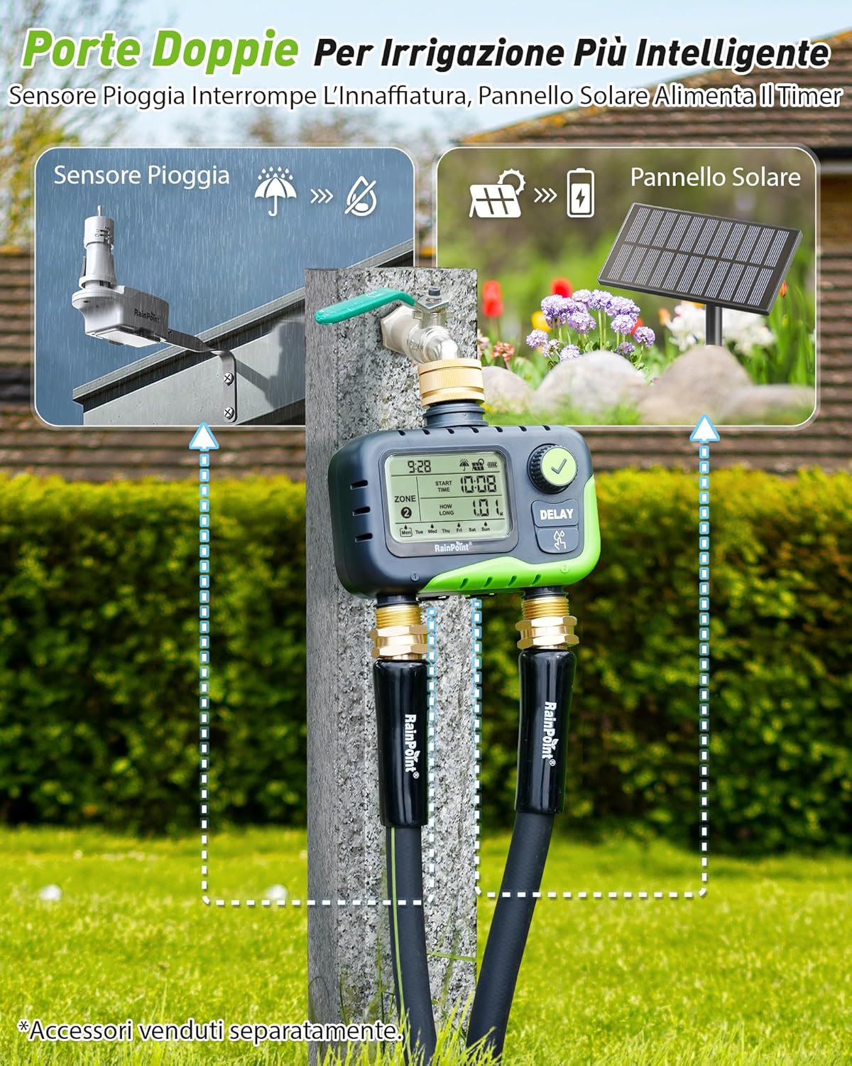 Detalle de RAINPOINT centralina irrigazione 2 vie solare con ampio display LCD – IP65