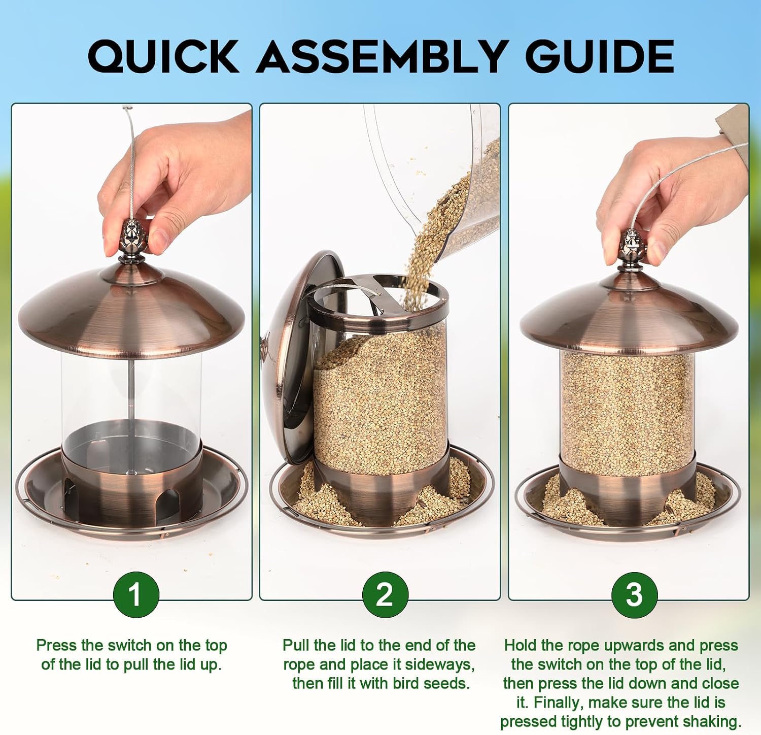 Detalle 2 de Gbekery HKTY-WSQ-GTCG Hanging Bird Feeder, 2 lb Capacity, Copper, 360° Tray