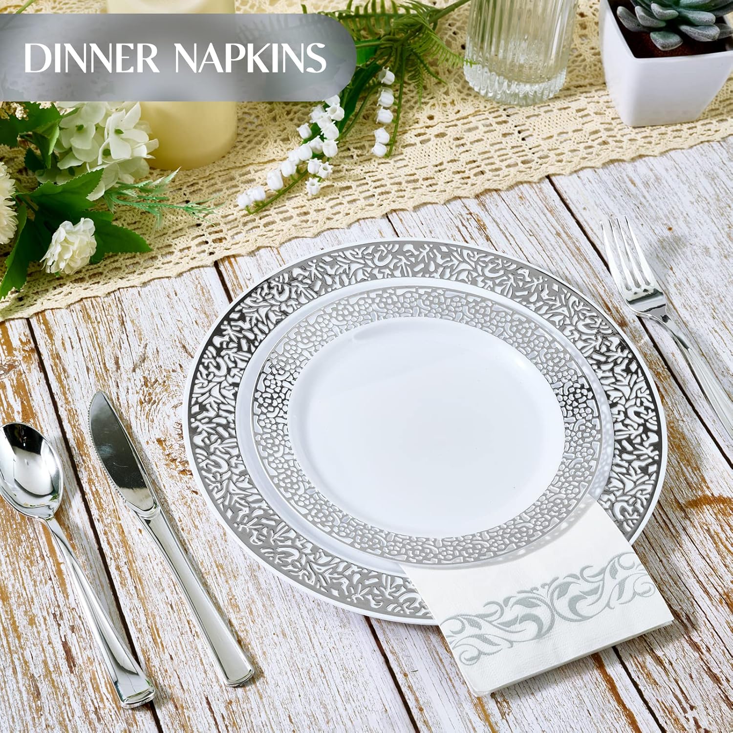 Thumbnail 5 de Vplus 400 Pack 3-Ply Disposable Dinner Napkins with Silver Trim