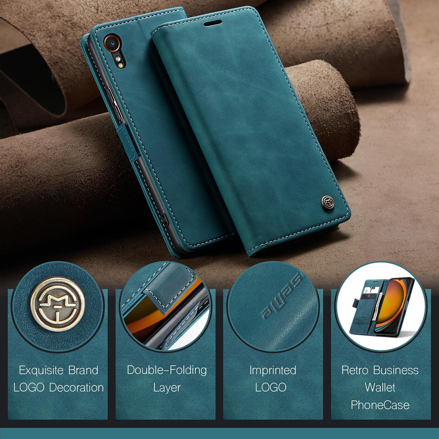 Thumbnail 6 de Phernykas Lederhülle für Samsung Galaxy XCover 7 – Flip Case mit Kartenfach, Magnetverschluss und Standfunktion (Blaugrün)