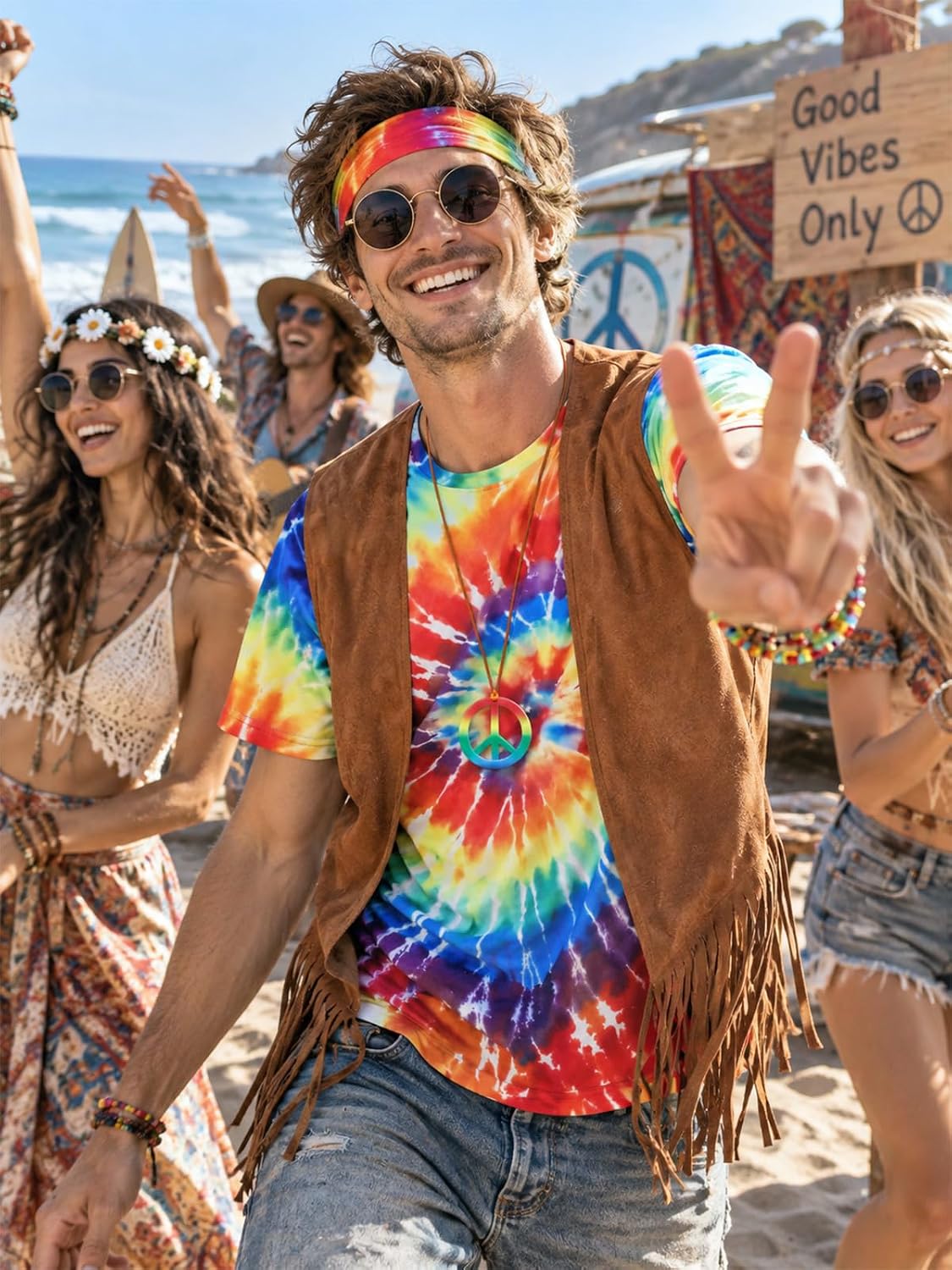 Detalle de Treature Hippie Costume for Men, Tie-Dye Shirt Set for 60s and 70s Parties