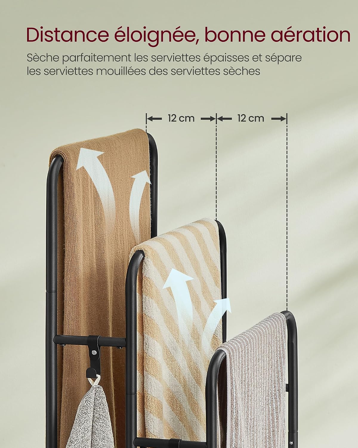 Detalle 2 de VASAGLE LLS009B01 Porte-serviettes sur pied avec 3 barres et étagère de rangement pour salle de bain